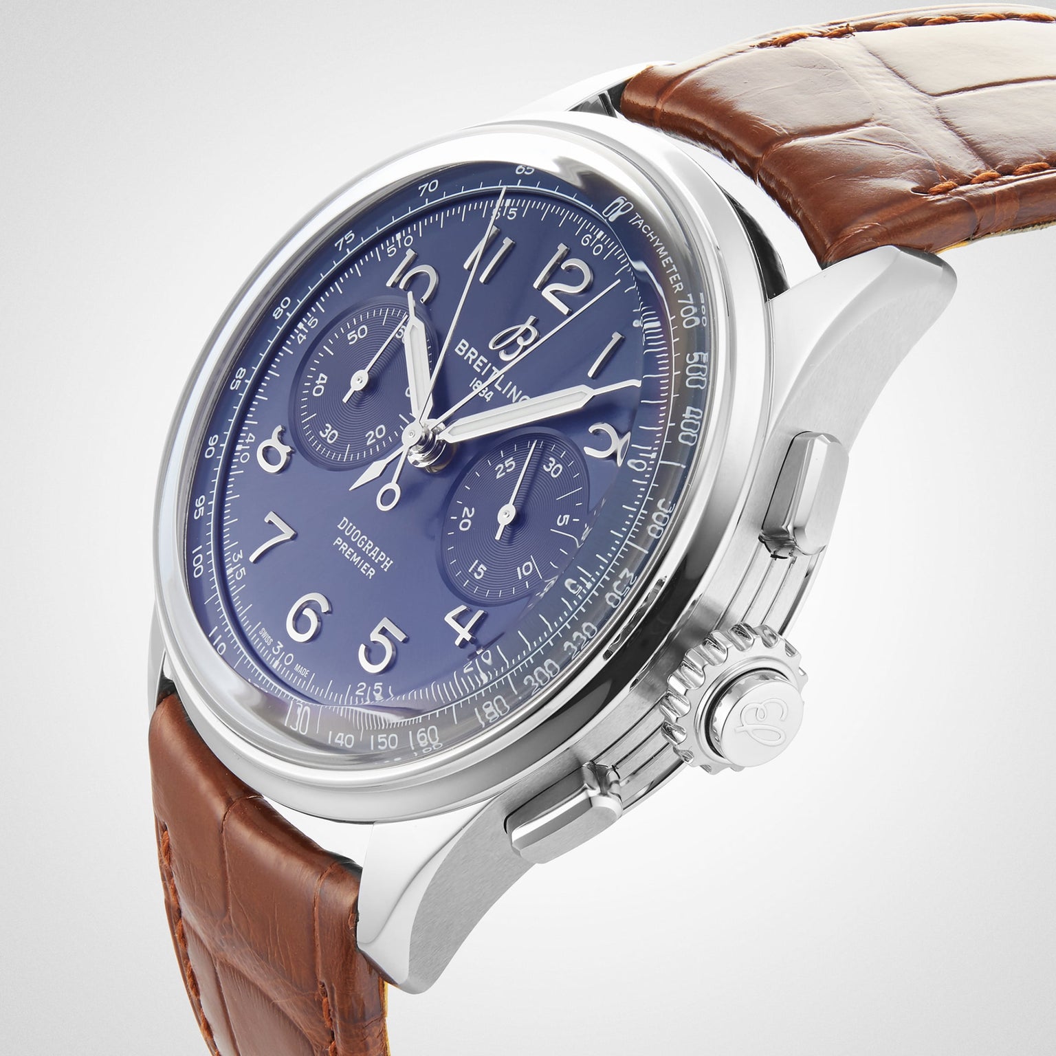 The Breitling Premier B15 Duograph 42 is a luxury watch featuring a blue dial, chronograph subdials, and a brown leather strap.