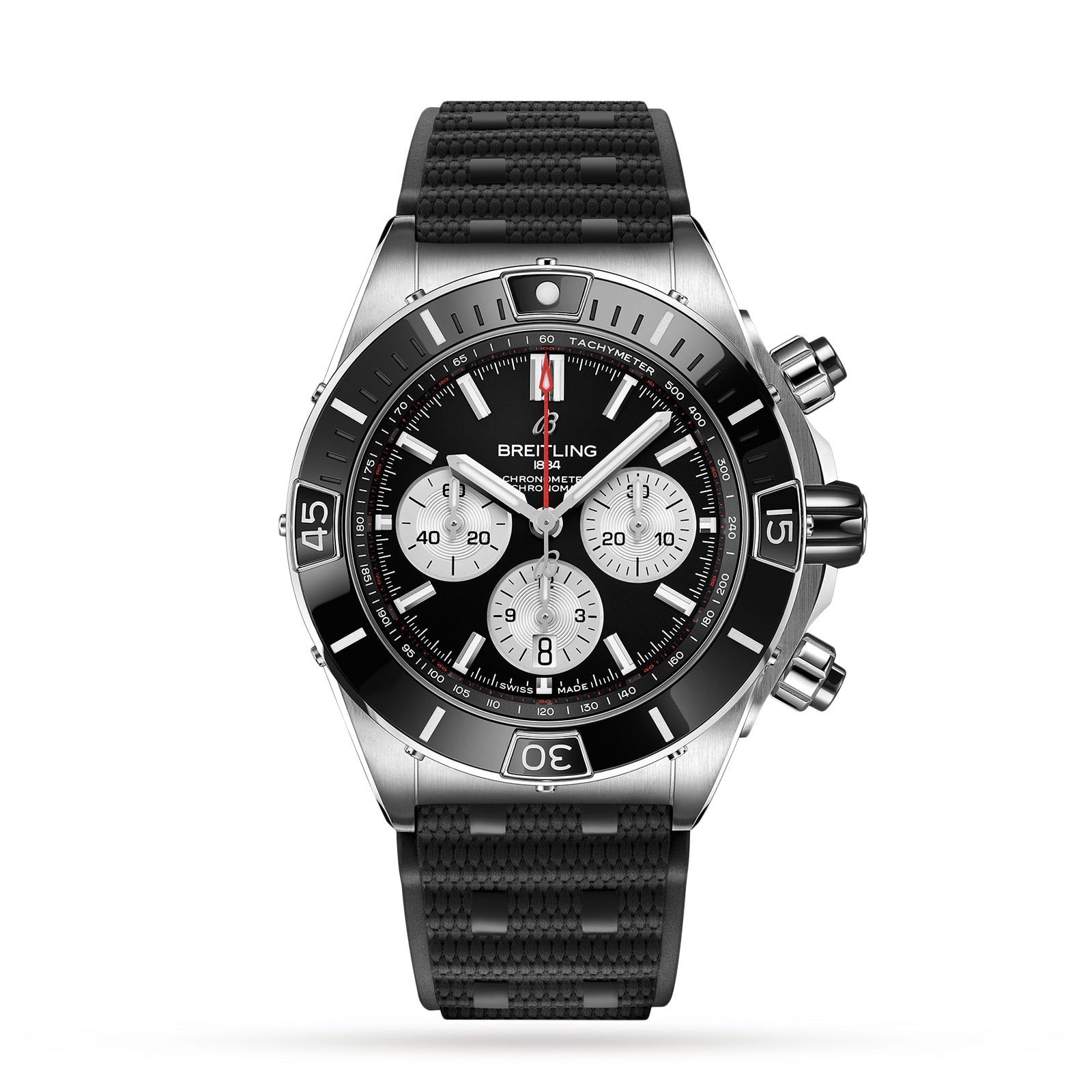 The Breitling Super Chronomat B01 44 features a black bezel, black dial with three subdials, silver markers, a black textured rubber strap, and is powered by the precision Breitling 01 COSC certified calibre.