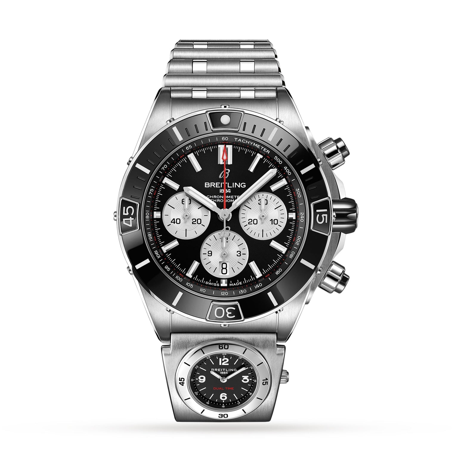 The Breitling Super Chronomat B01 44 is a stainless steel mechanical chronograph watch featuring a black bezel, three subdials, and a linked bracelet, displayed above a smaller stainless steel analog watch.