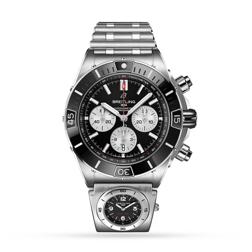 The Breitling Super Chronomat B01 44 is a stainless steel mechanical chronograph watch featuring a black bezel, three subdials, and a linked bracelet, displayed above a smaller stainless steel analog watch.