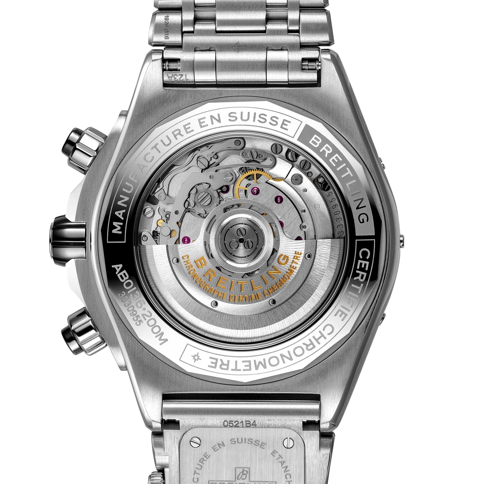 Close-up of the back of the Breitling Super Chronomat B01 44, highlighting its exposed mechanical chronograph movement, metal bracelet, and engraved details surrounding the transparent case back.