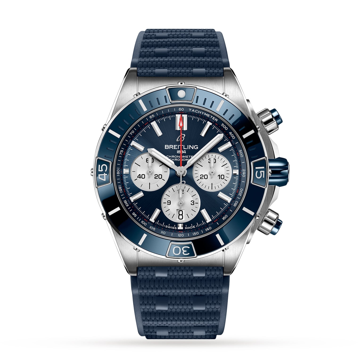 The Breitling Super Chronomat B01 44 features a blue and silver case, three subdials, a blue bezel, and a textured blue rubber strap, displayed against a white background.