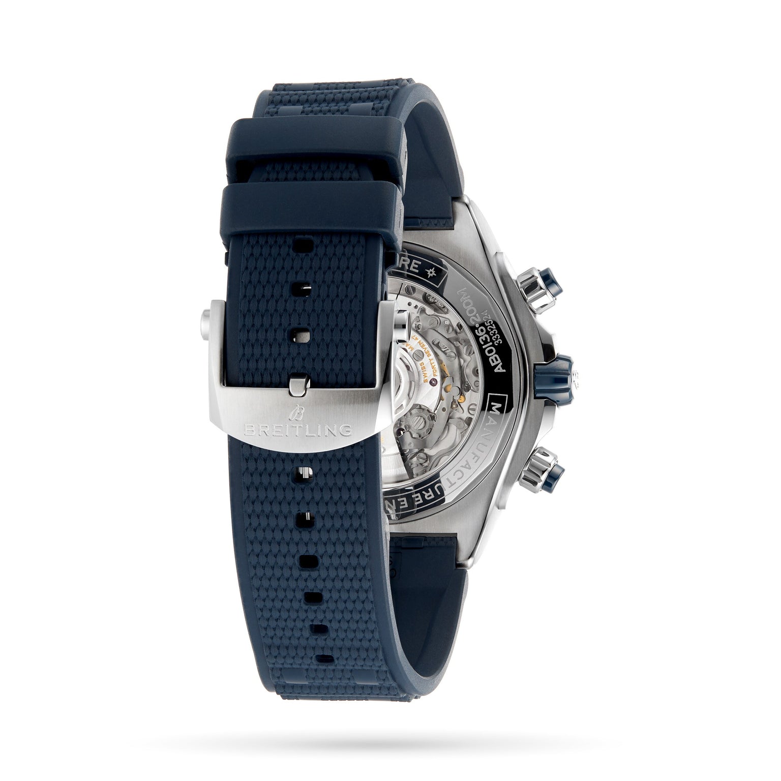 A close-up of the back of the Breitling Super Chronomat B01 44 reveals its detailed chronograph movement through a transparent case, paired with a blue textured rubber strap and secure stainless steel buckle.