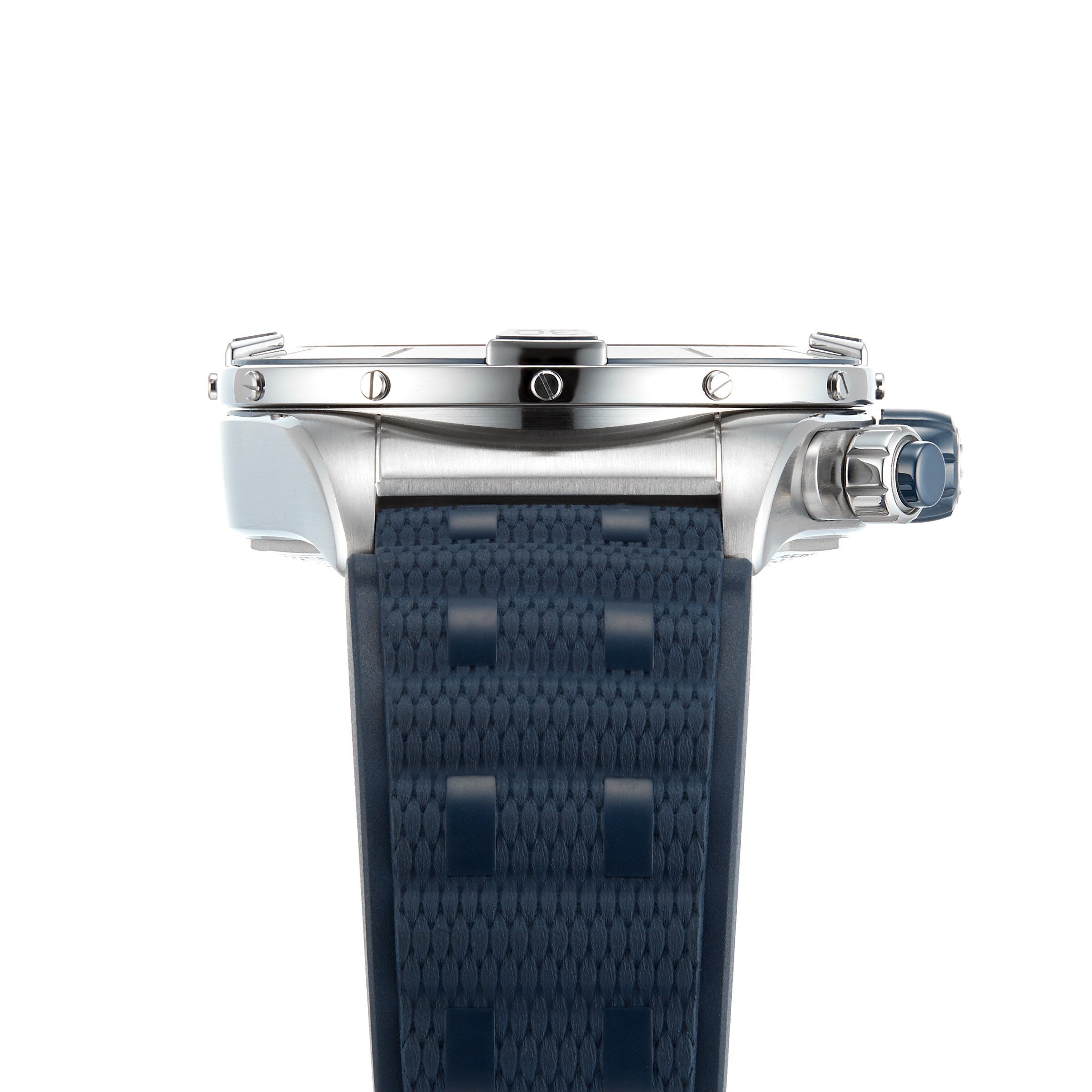 Side view of the Breitling Super Chronomat B01 44 with a blue textured strap, stainless steel case, and visible crown and pushers, highlighting its mechanical chronograph design against a white background.