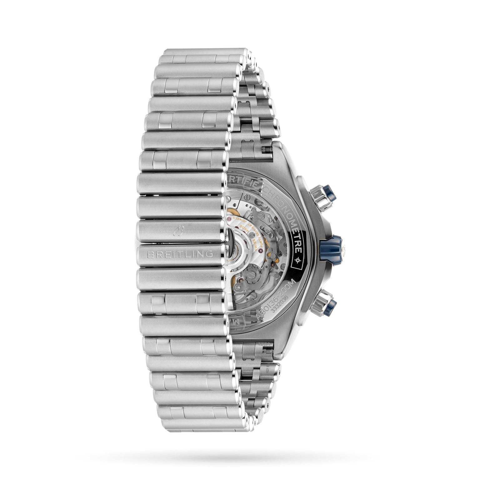 Side view of the Breitling Super Chronomat B01 44 in stainless steel, featuring a transparent case back that reveals its mechanical chronograph movement and a metal link bracelet.