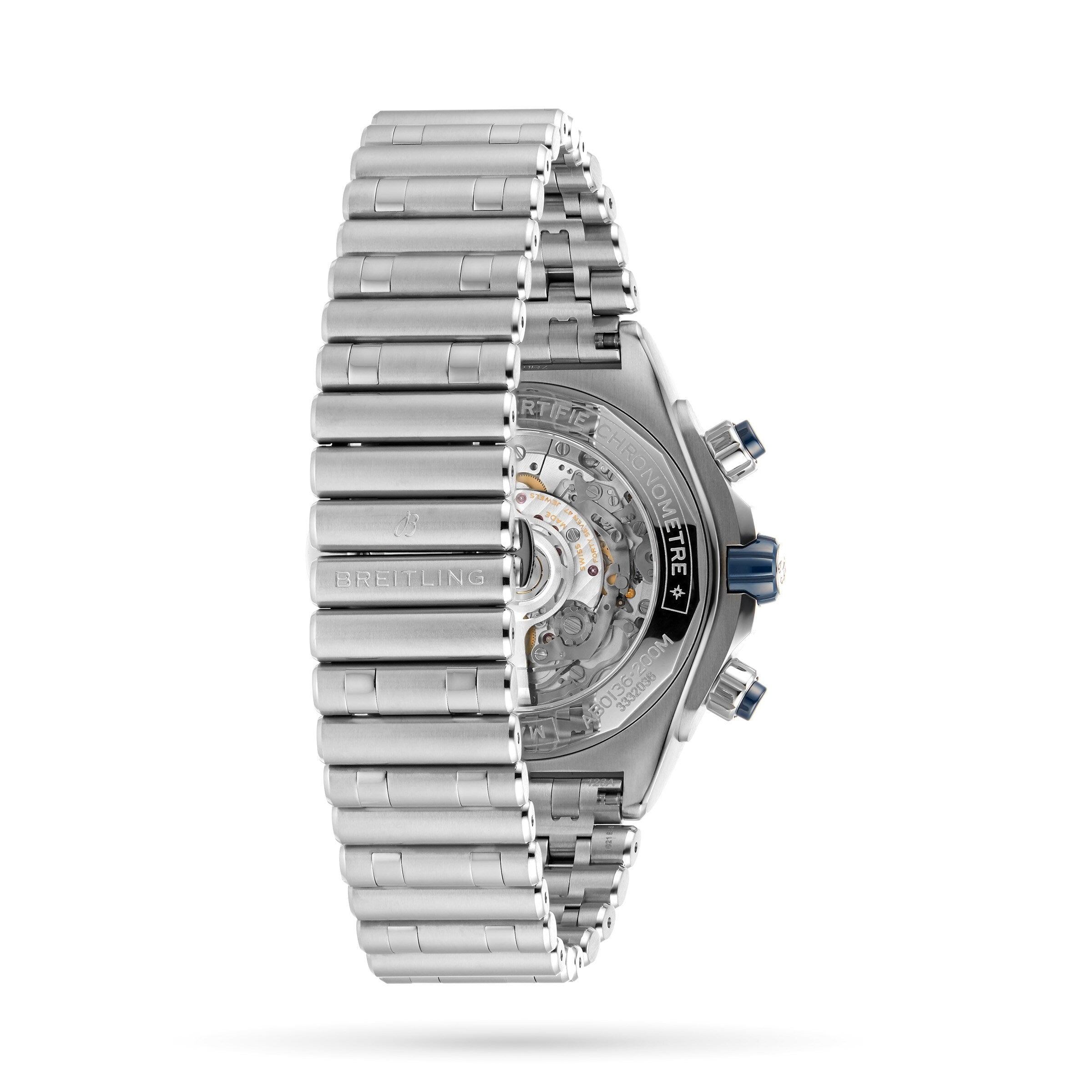 Side view of the Breitling Super Chronomat B01 44 in stainless steel, featuring a transparent case back that reveals its mechanical chronograph movement and a metal link bracelet.