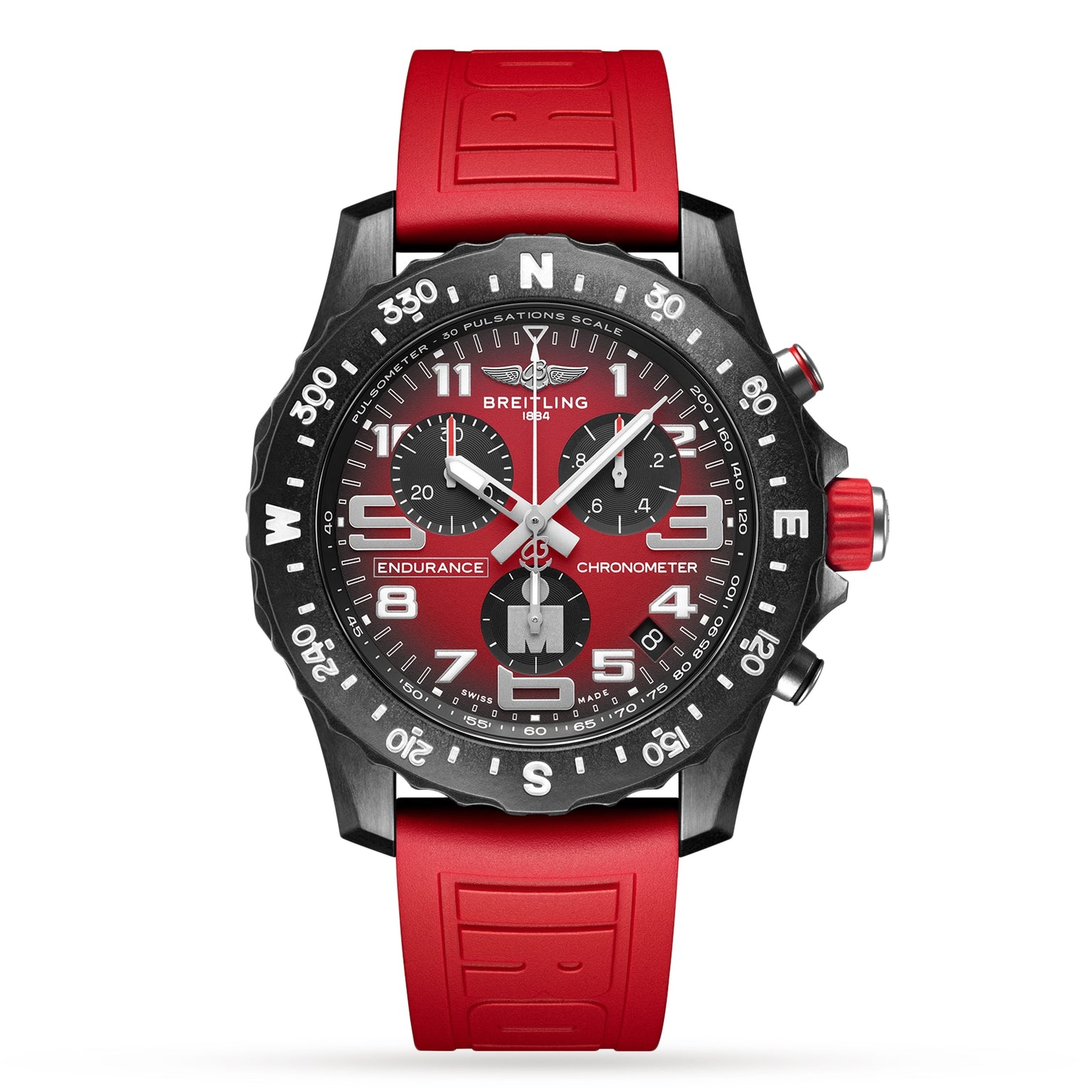 The Breitling Endurance Pro 44 IRONMAN® features a black and red face, red rubber strap, SuperQuartz™ chronograph dials, compass bezel, bold white numerals, and a lightweight Breitlight® case.