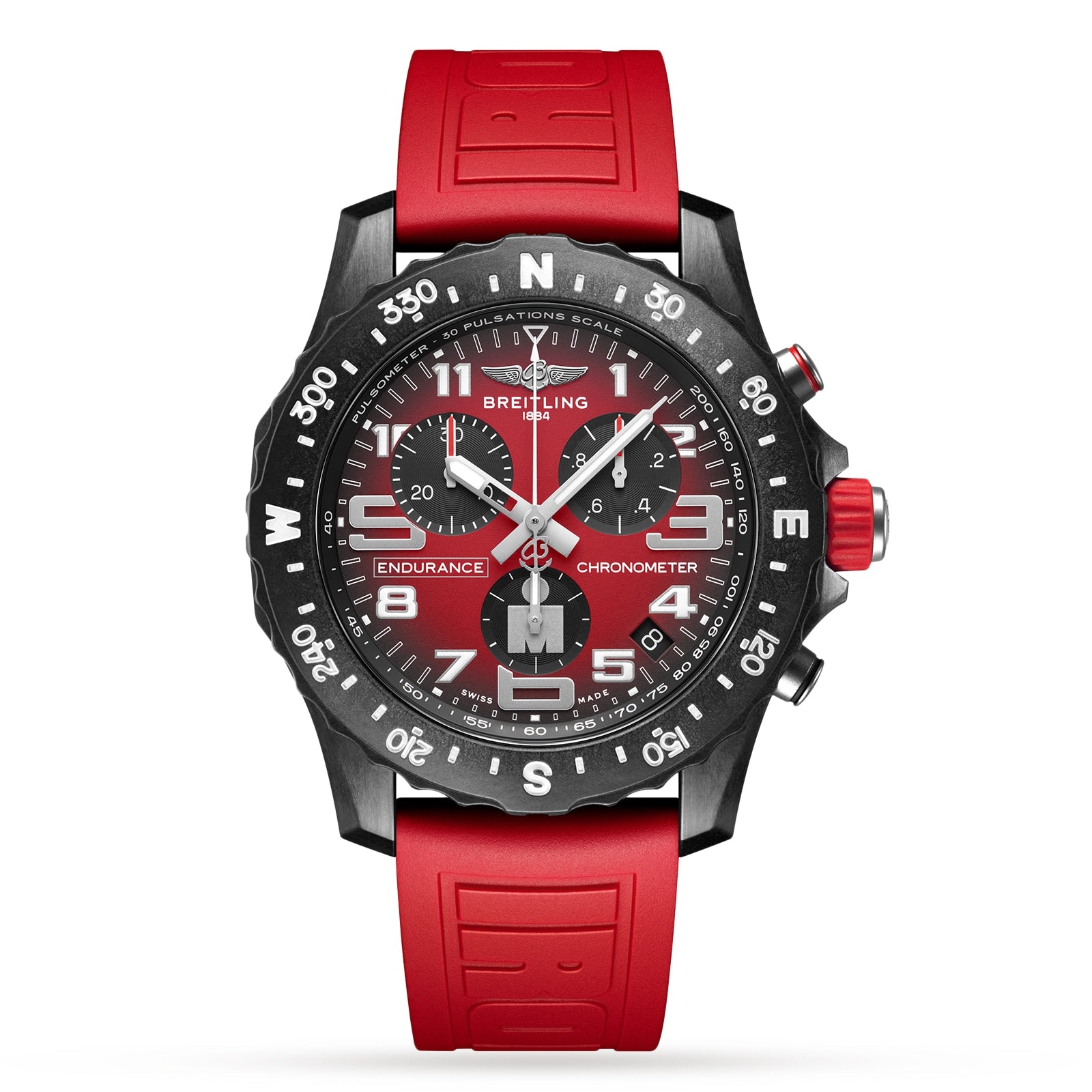 The Breitling Endurance Pro 44 IRONMAN® features a black and red face, red rubber strap, SuperQuartz™ chronograph dials, compass bezel, bold white numerals, and a lightweight Breitlight® case.