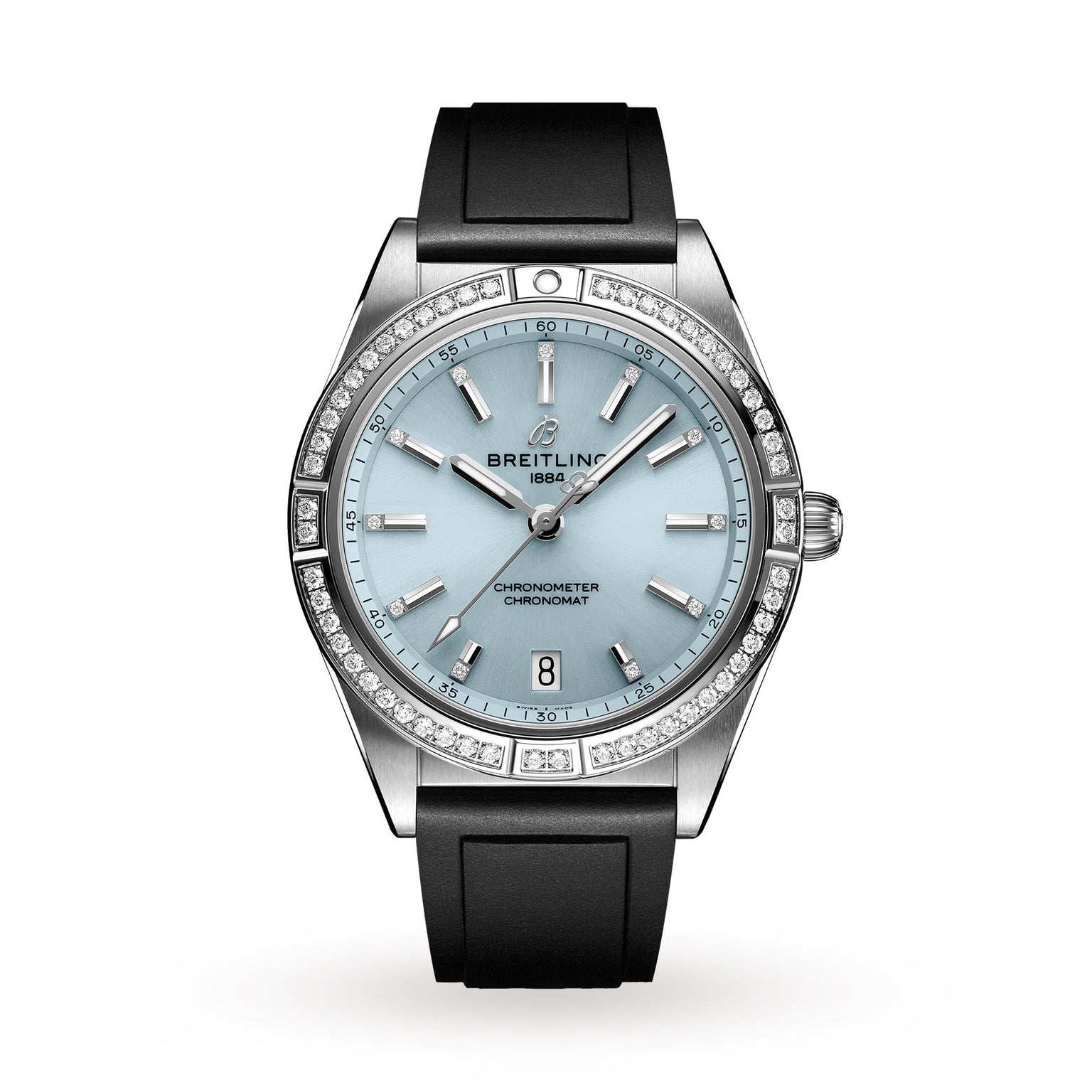 The Breitling Chronomat Automatic 36 features a stainless steel case, light blue dial, diamond-set bezel, silver hour markers, automatic movement, date at 6 oclock, and a black rubber strap.