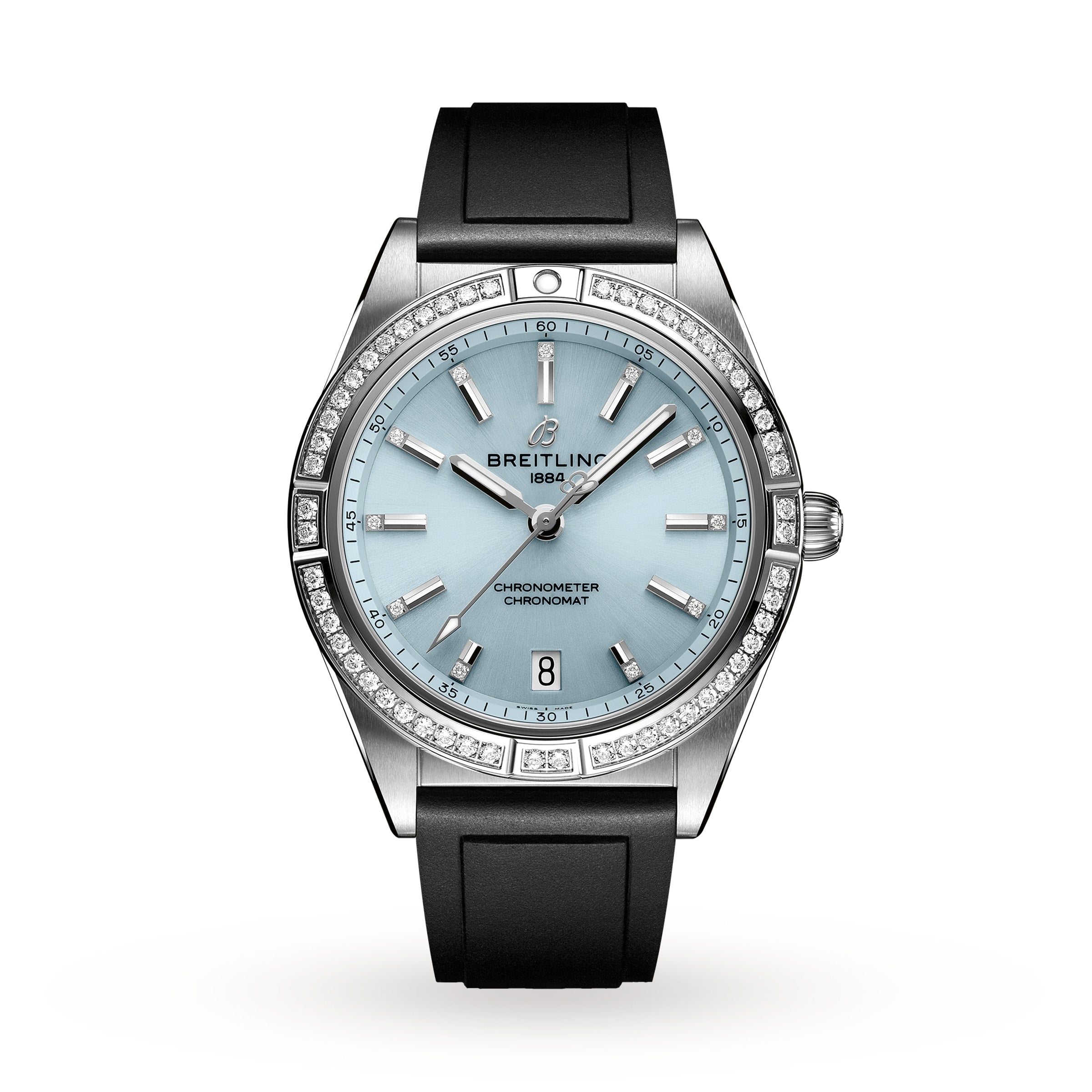 The Breitling Chronomat Automatic 36 features a stainless steel case, light blue dial, diamond-set bezel, silver hour markers, automatic movement, date at 6 oclock, and a black rubber strap.