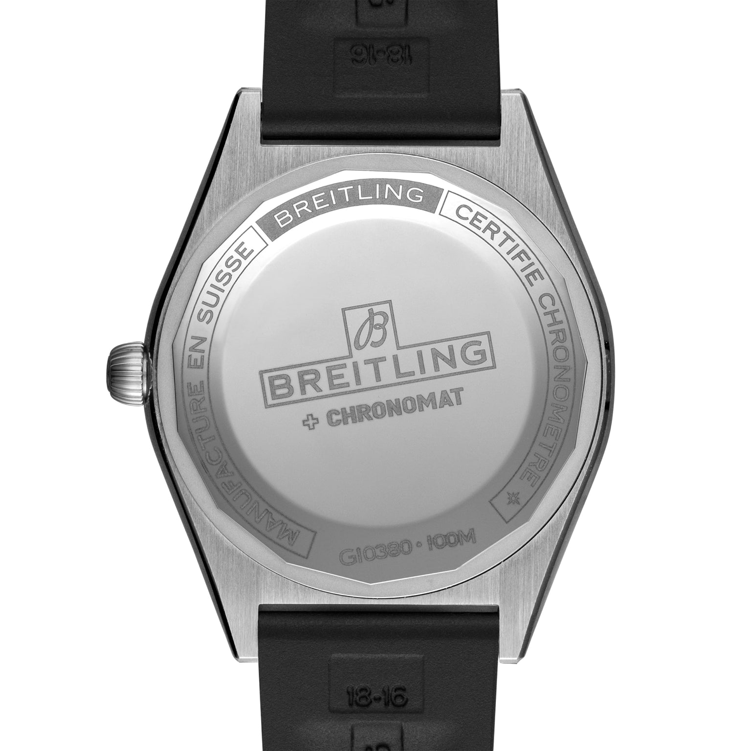 Back view of the Breitling Chronomat Automatic 36 showing an engraved stainless steel case back with branding, certification details, and a black rubber strap.