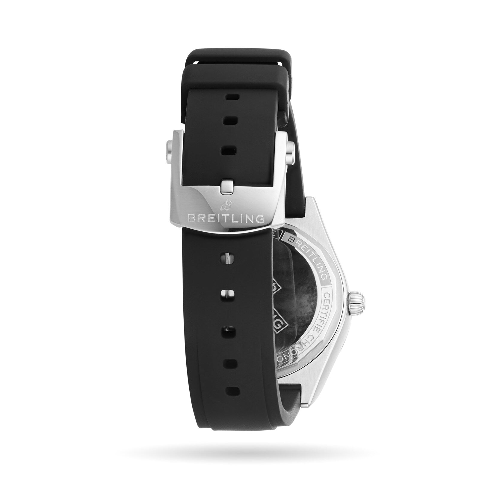 Back view of a Breitling Chronomat Automatic 36 wristwatch featuring a black rubber strap, stainless steel buckle with the Breitling logo, and a partially visible automatic case and crown.