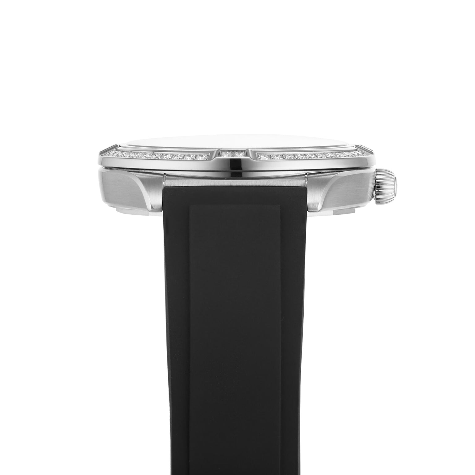 Side view of a Breitling Chronomat Automatic 36 wristwatch featuring a black band, stainless steel case, and textured crown, shown against a plain white background.