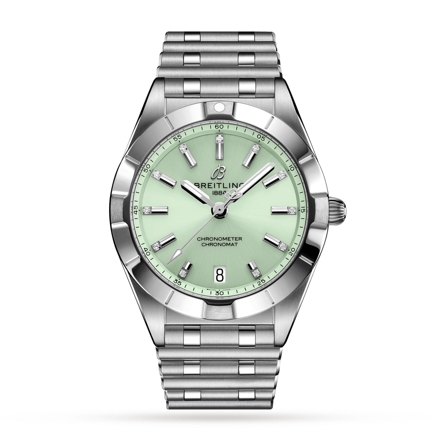 The Breitling Chronomat 32 wristwatch features a mint green dial, silver hour markers, date window at 6 o’clock, and a Rouleaux bracelet, with SuperQuartz™ chronometer precision—all shown on a white background.