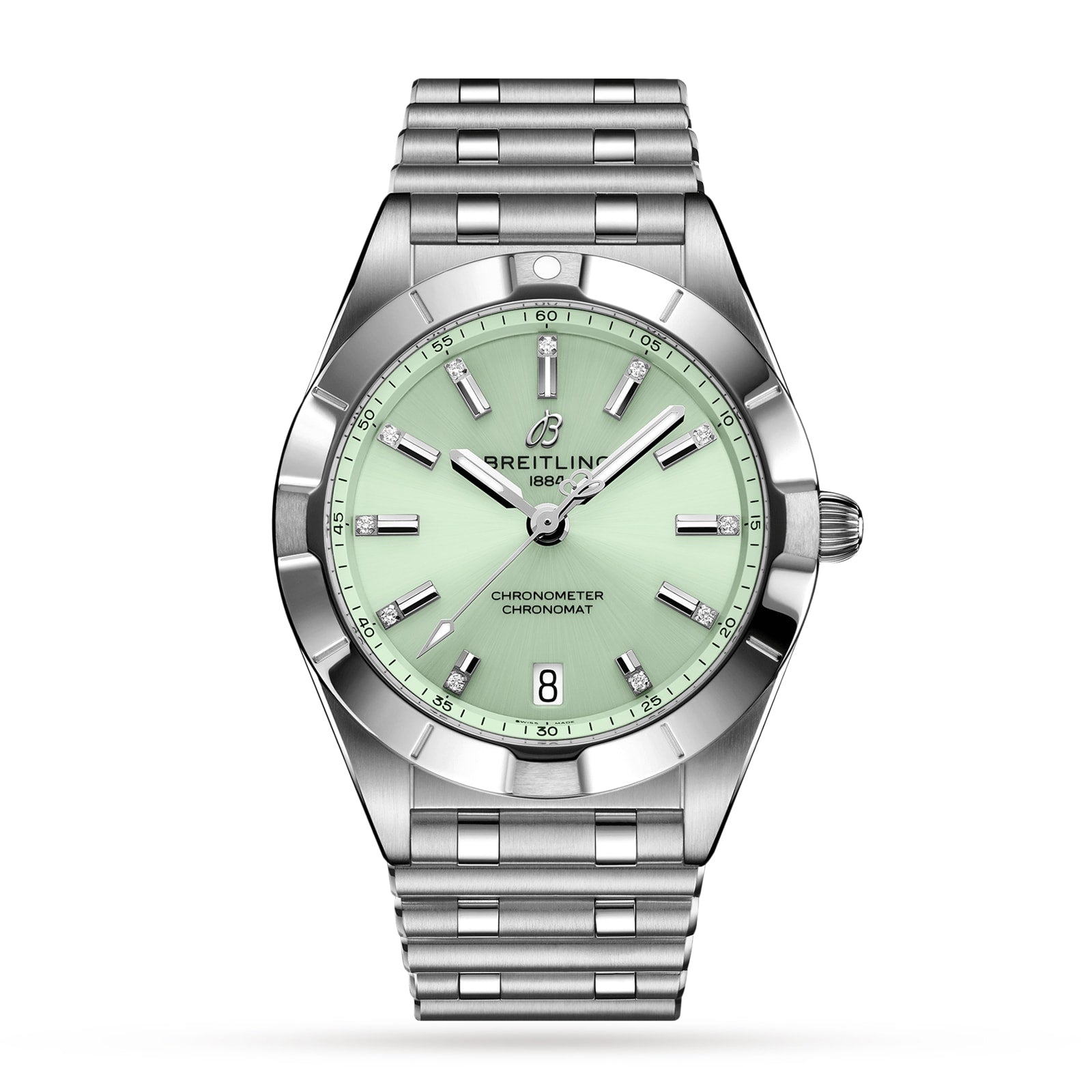 The Breitling Chronomat 32 wristwatch features a mint green dial, silver hour markers, date window at 6 o’clock, and a Rouleaux bracelet, with SuperQuartz™ chronometer precision—all shown on a white background.