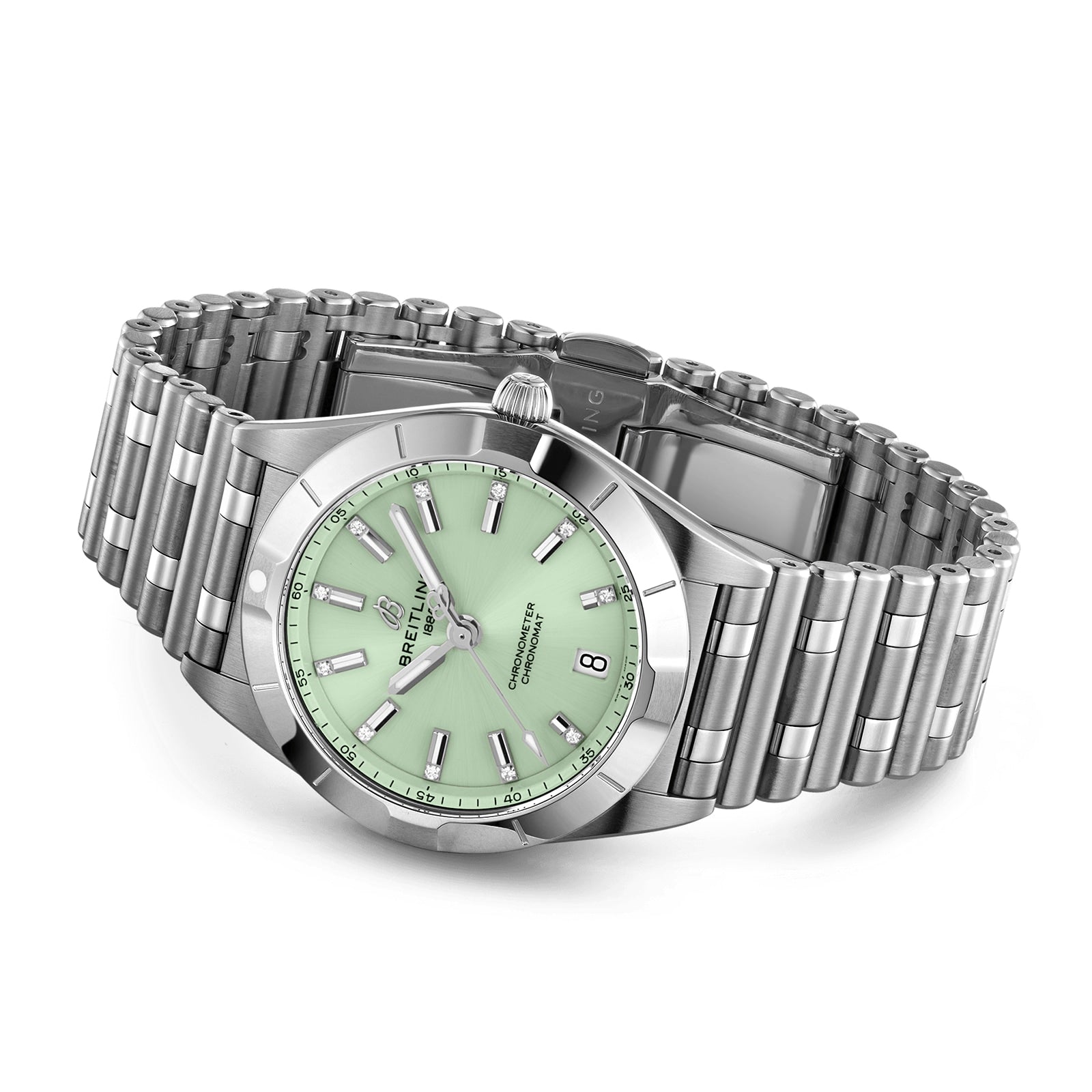 The Breitling Chronomat 32 wristwatch, featuring a mint green dial, silver hour markers, date display at 3 oclock, and signature Rouleaux bracelet, is shown on a white background.