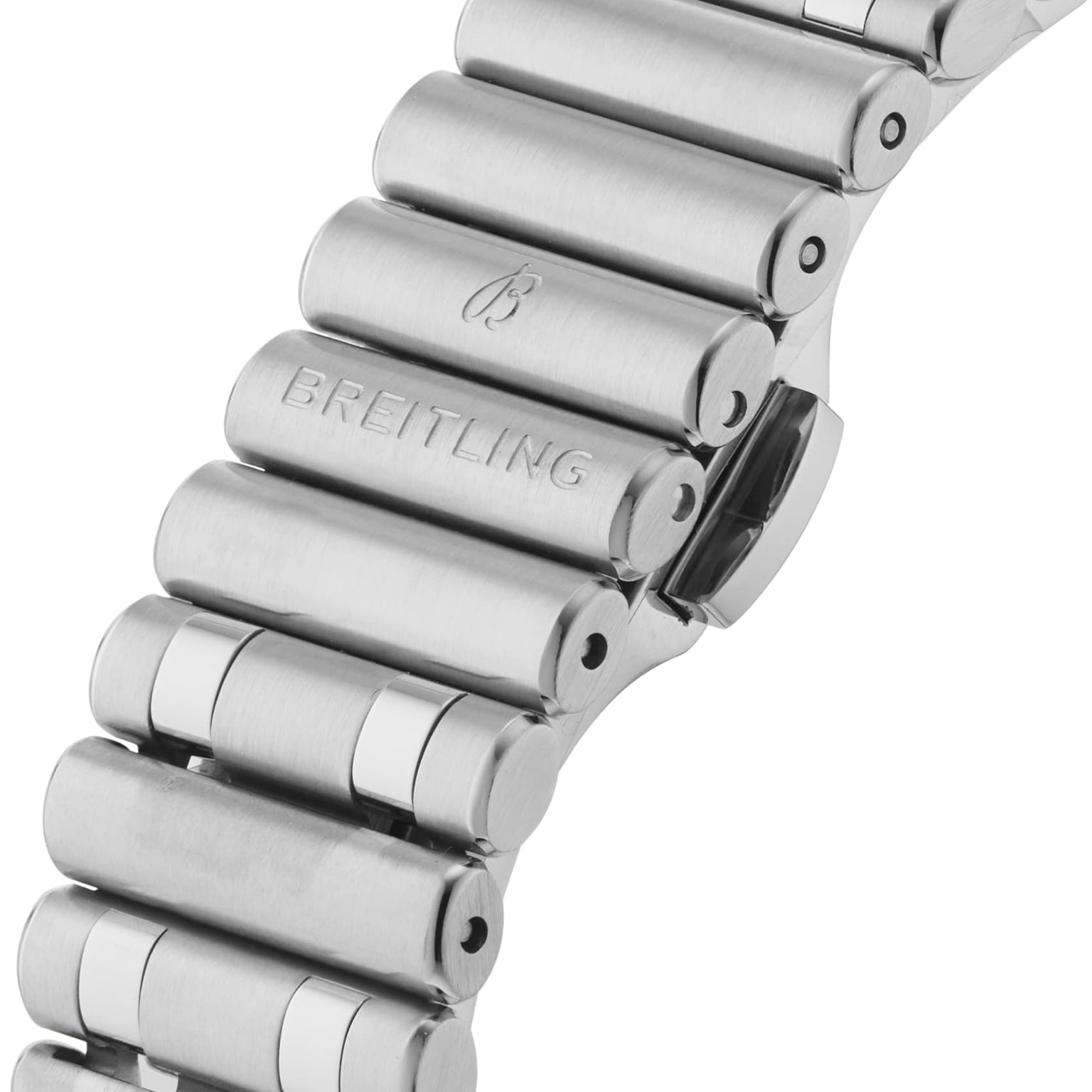 Close-up of a stainless steel Breitling Chronomat 32 bracelet, highlighting engraved branding and polished, rounded links.