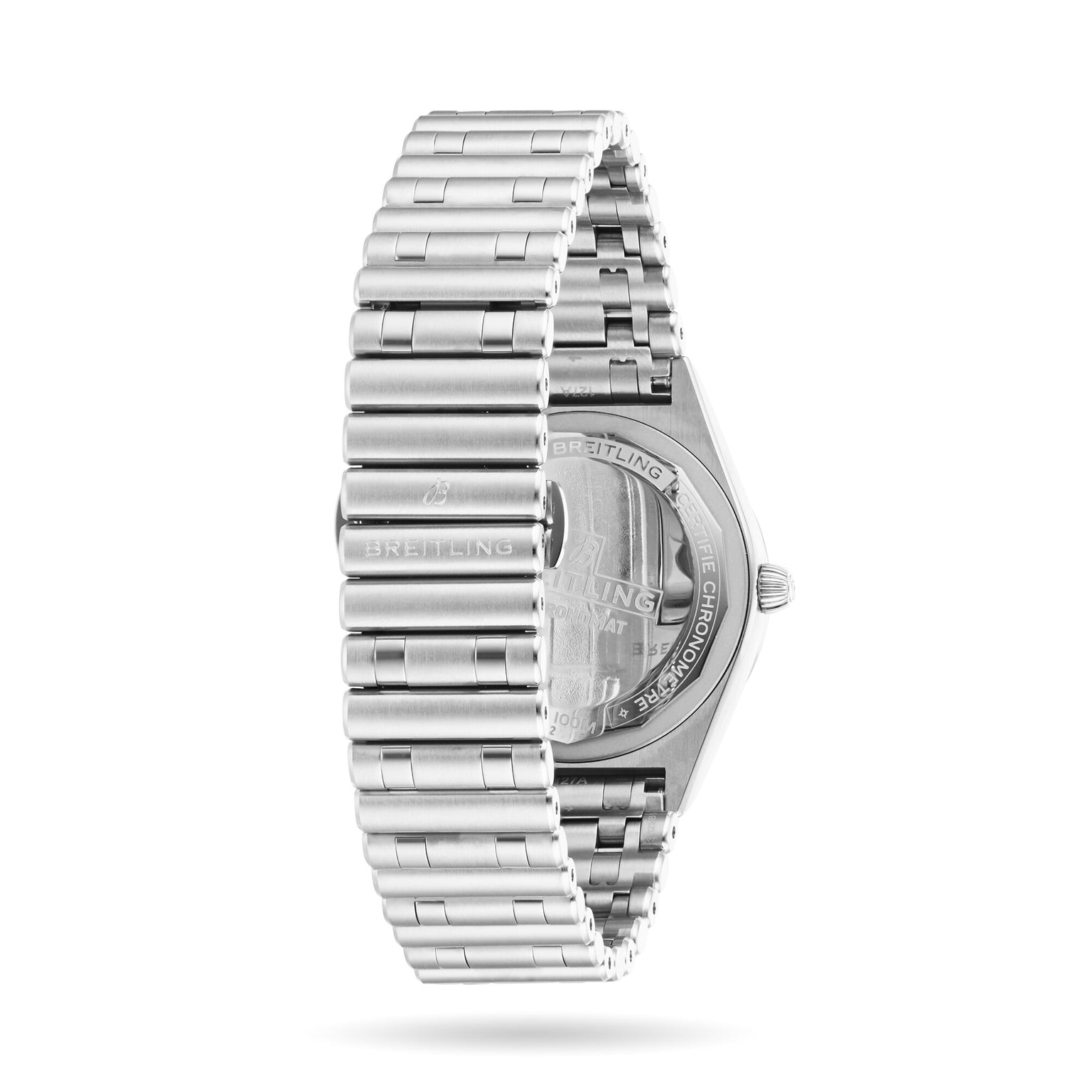 The back view of the Breitling Chronomat 32 displays its closed Rouleaux bracelet and engraved case back, emphasizing the watchs stainless steel design.