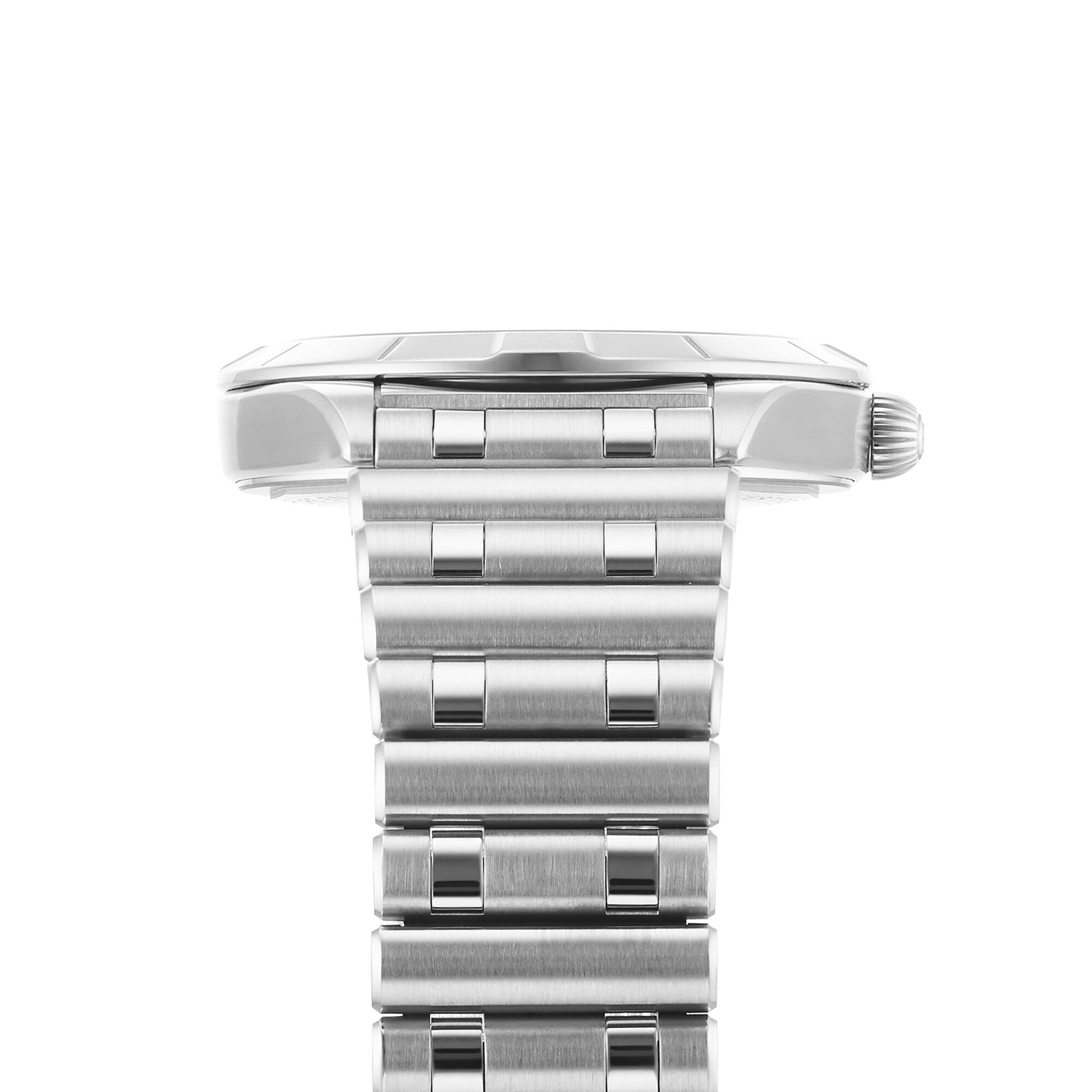 Side view of the Breitling Chronomat 32 wristwatch in stainless steel, featuring its signature Rouleaux bracelet and crown, displayed on a white background.