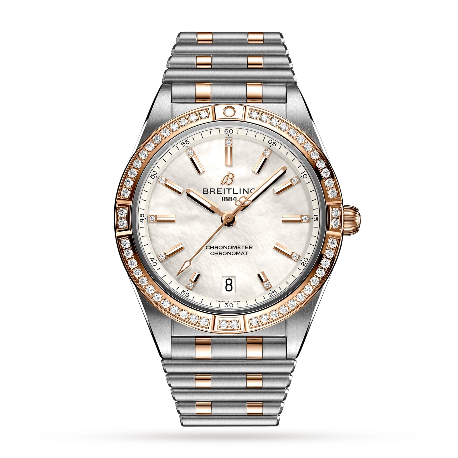 The Breitling Chronomat Automatic 36, a COSC-certified watch, features a silver and rose gold Rouleaux bracelet, diamond-set bezel, white dial, gold hour markers, and a date display at 6 oclock.