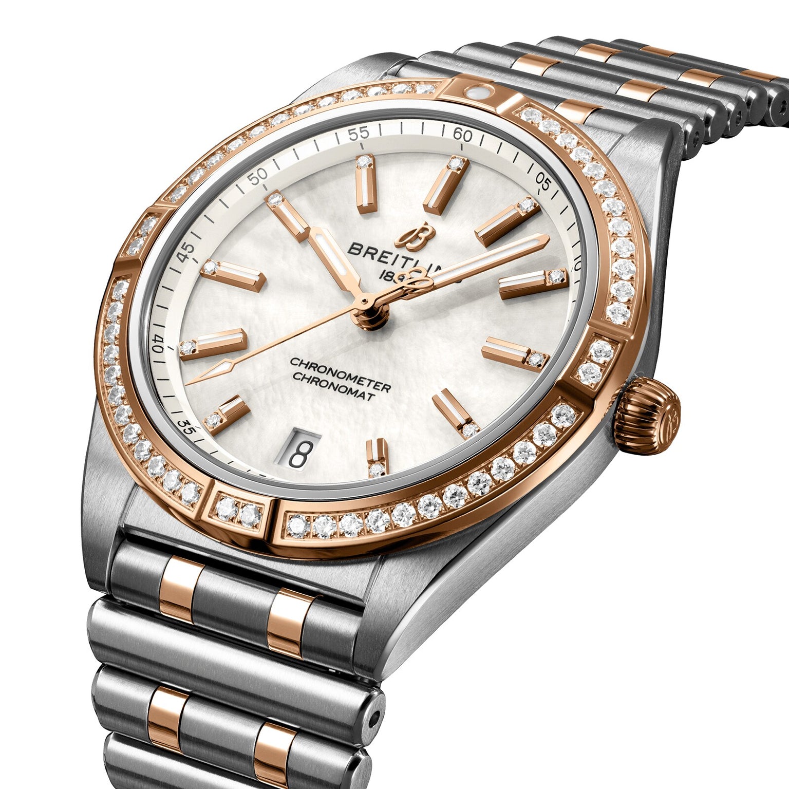 The Breitling Chronomat Automatic 36 features a silver and rose gold Rouleaux bracelet, diamond-encrusted bezel, white dial with baton hour markers, and date display.