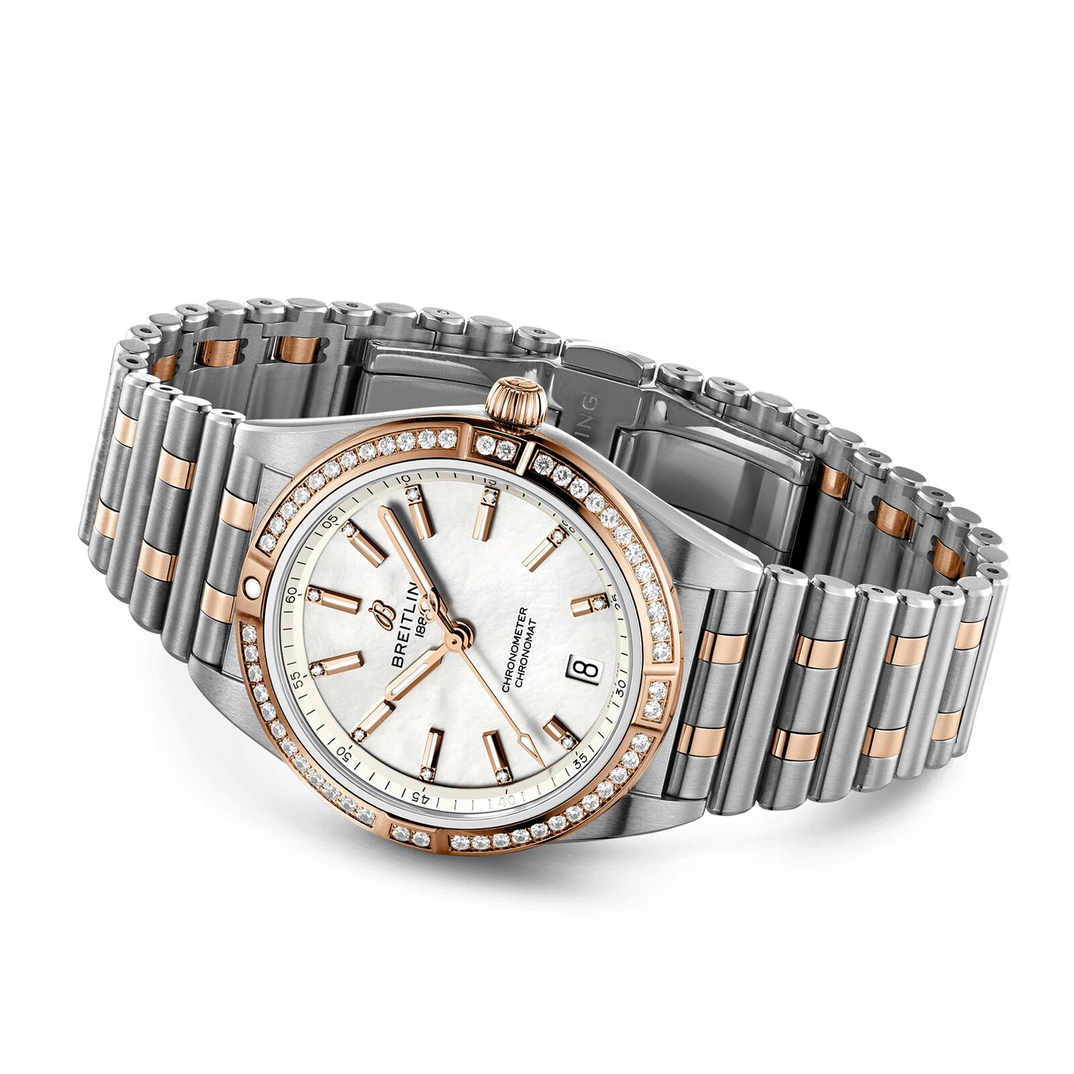 The Breitling Chronomat Automatic 36 features a two-tone silver and rose gold Rouleaux bracelet, diamond bezel, white dial with date at 3 o’clock, and is COSC certified for exceptional precision.