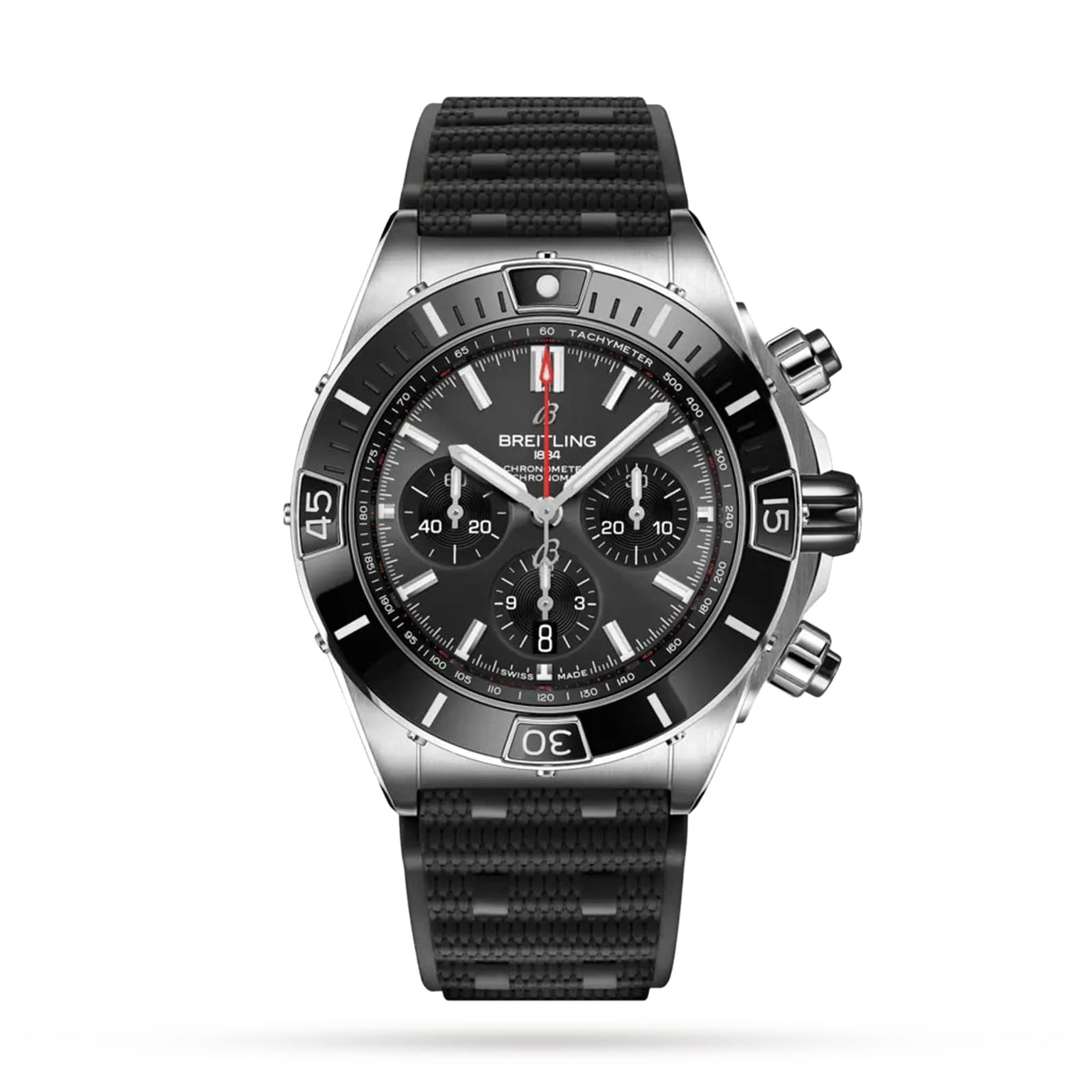The Breitling Super Chronomat B01 44 is a stainless steel mechanical chronograph with a black dial, three subdials, a rotating bezel, and a black textured rubber strap.