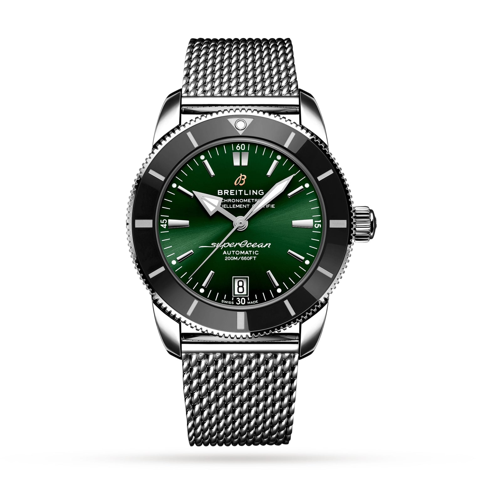 A Breitling Superocean Heritage B20 Automatic 42 diver’s watch with a green dial, silver hour markers, black bezel, and water-resistant silver mesh strap, shown on a white background.