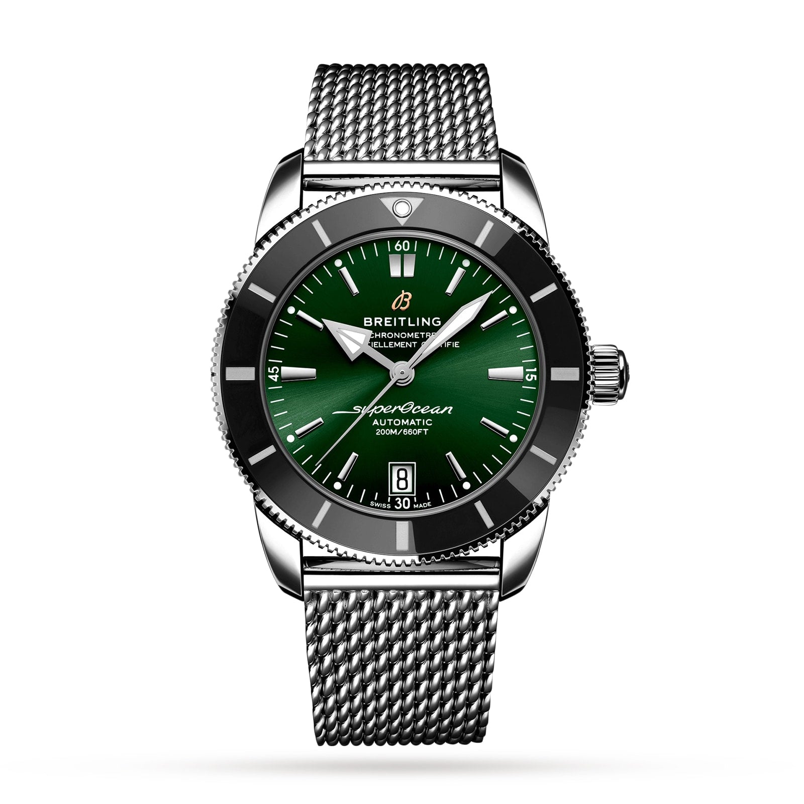 A Breitling Superocean Heritage B20 Automatic 42 diver’s watch with a green dial, silver hour markers, black bezel, and water-resistant silver mesh strap, shown on a white background.