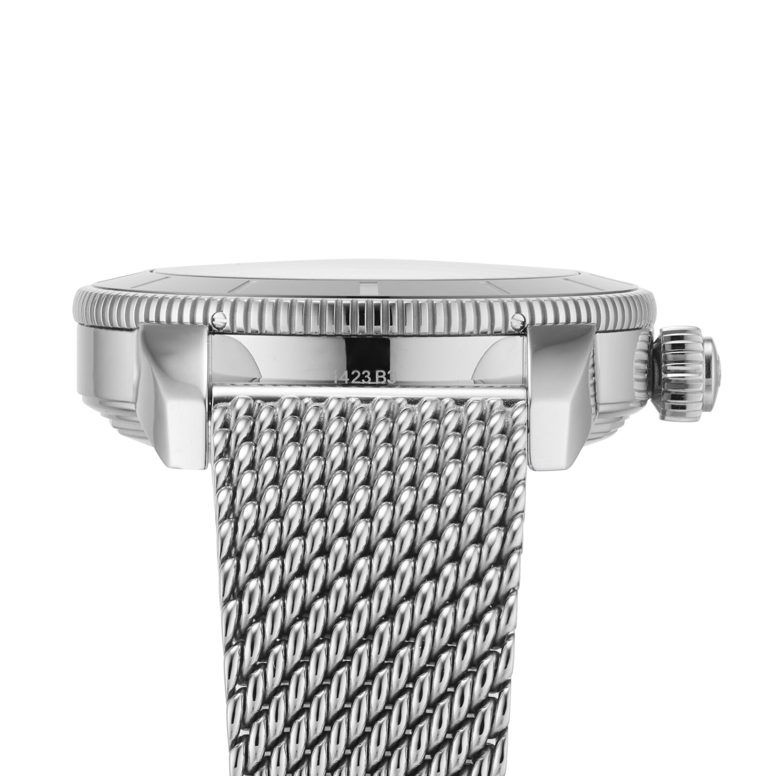 Side view of a silver Breitling Superocean Heritage B20 Automatic 42 diver’s watch with a metal mesh band and ridged crown, photographed against a white background.
