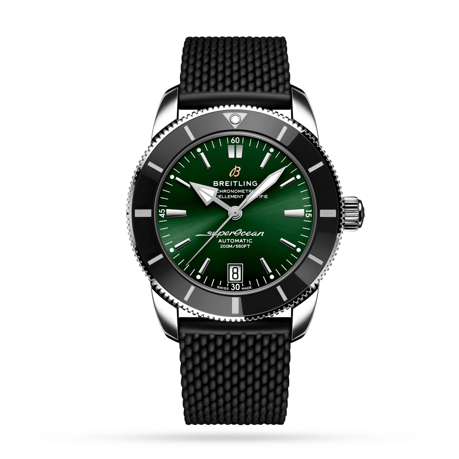 The Breitling Superocean Heritage B20 Automatic 42 features a green dial, black bezel, stainless steel case, date at 6 o’clock, luminescent hands, and a textured black rubber strap. Water resistant for dependable performance.