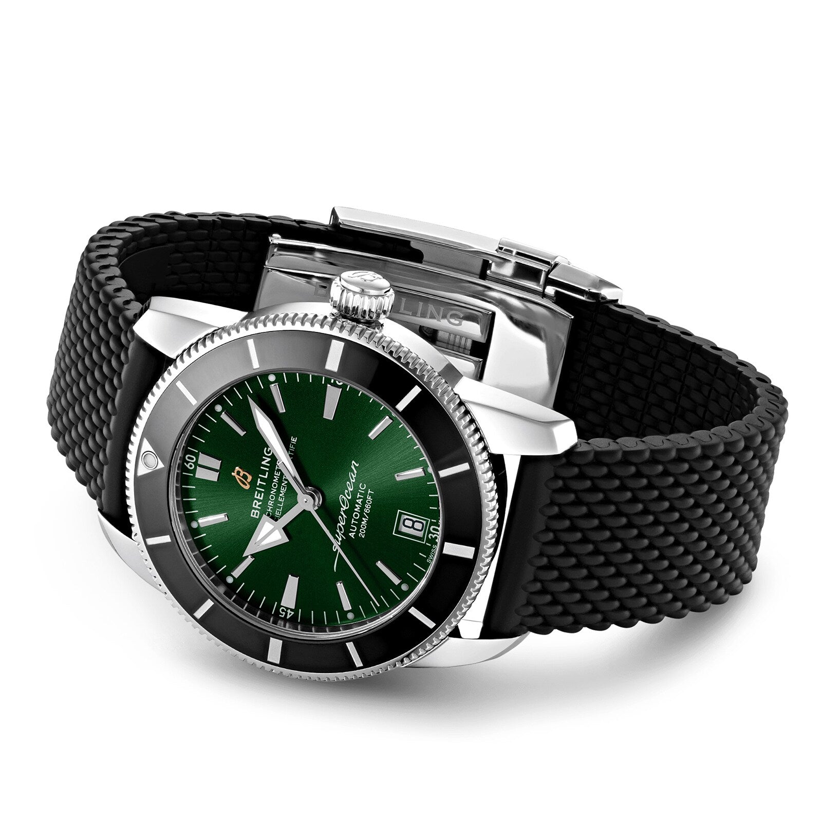 A Breitling Superocean Heritage B20 Automatic 42 wristwatch with a green dial, black bezel, date display, luminescent hands, silver accents, and a textured black strap is shown on a white background.