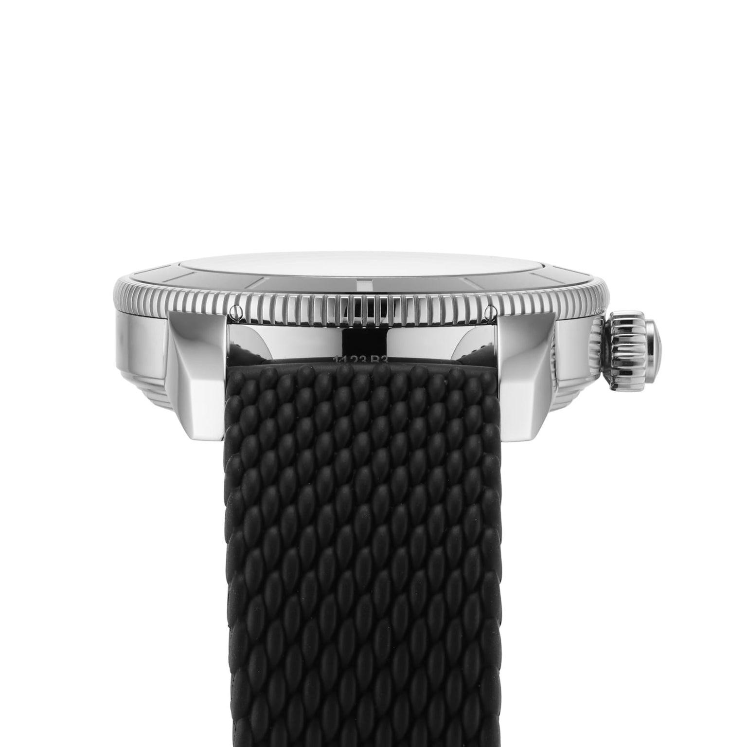 Close-up side view of the Breitling Superocean Heritage B20 Automatic 42, featuring a silver case, textured black strap, highlighted crown and bezel details, and luminescent hands—a water-resistant watch blending style with functionality.