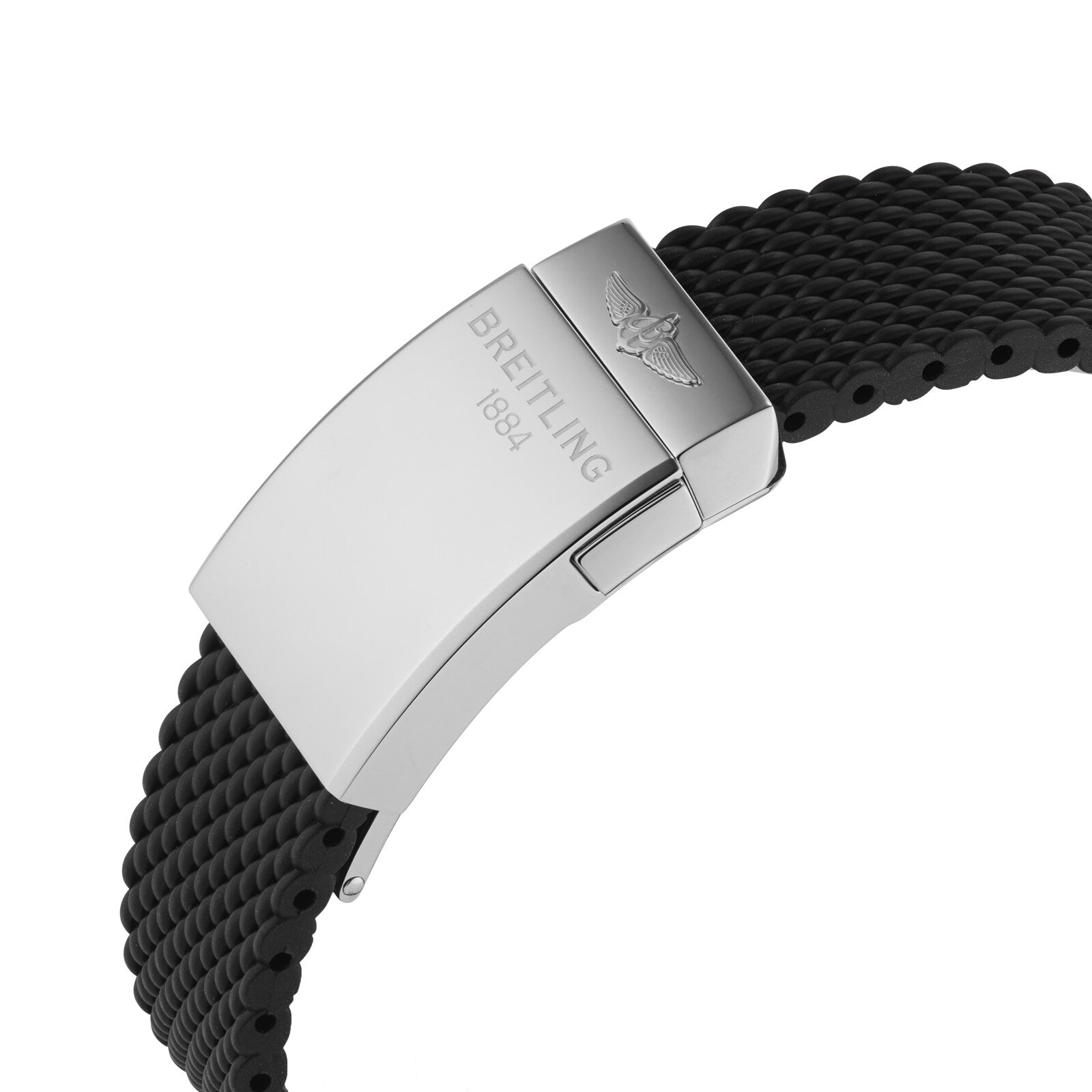 A close-up of the Breitling Superocean Heritage B20 Automatic 42’s silver metal clasp, engraved with BREITLING 1884 and attached to a textured black rubber strap. Its water-resistant design ensures durability for every adventure.