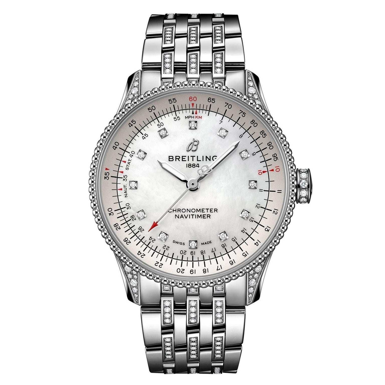 The Breitling Navitimer 32 features diamond accents, a metal bracelet, and a white mother-of-pearl dial.