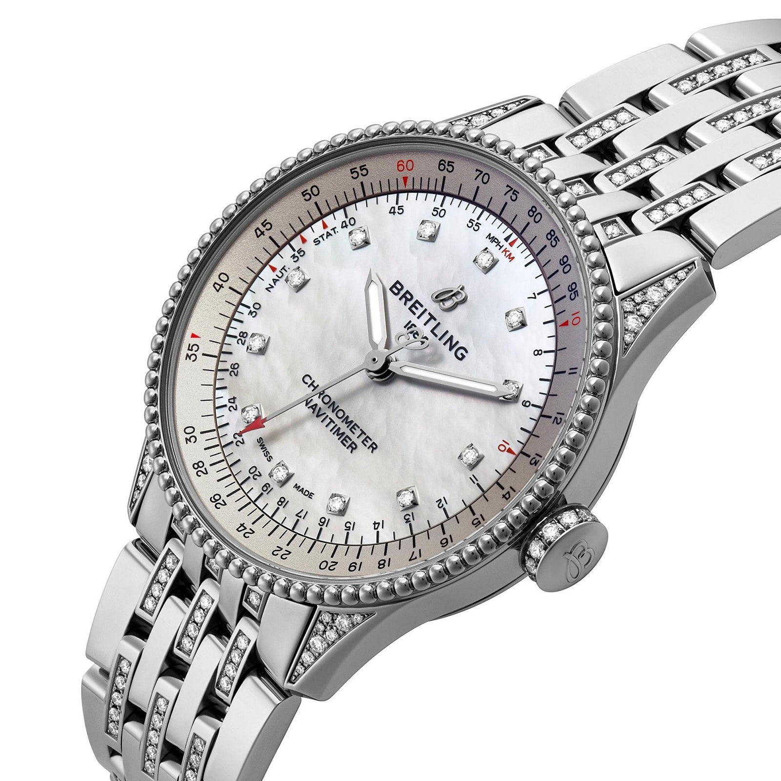 The Breitling Navitimer 32 features diamond hour markers and a white mother-of-pearl dial.