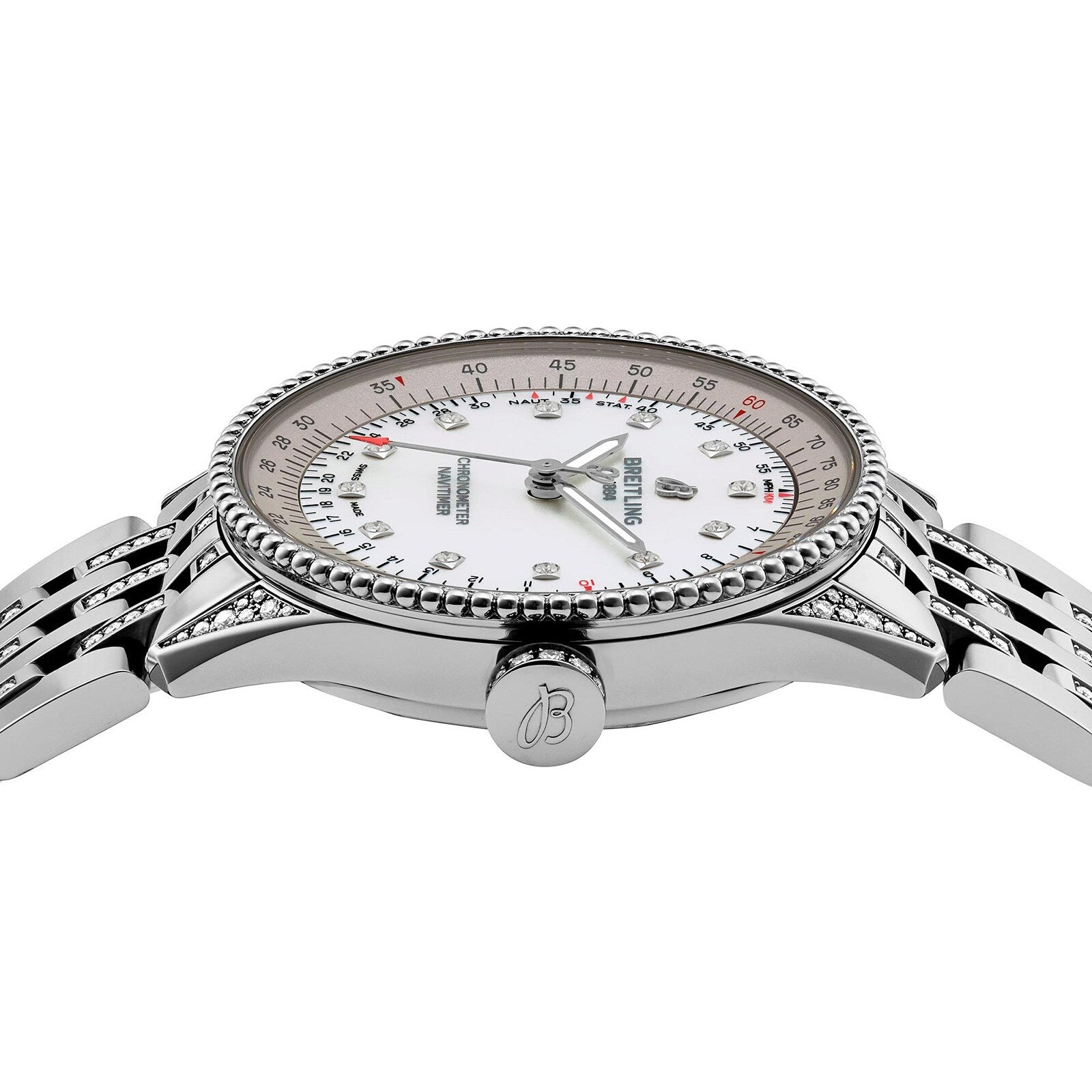 The Breitling Navitimer 32 wristwatch features a silver case, white dial, diamond hour markers, and a metal bracelet, displayed in a side view.