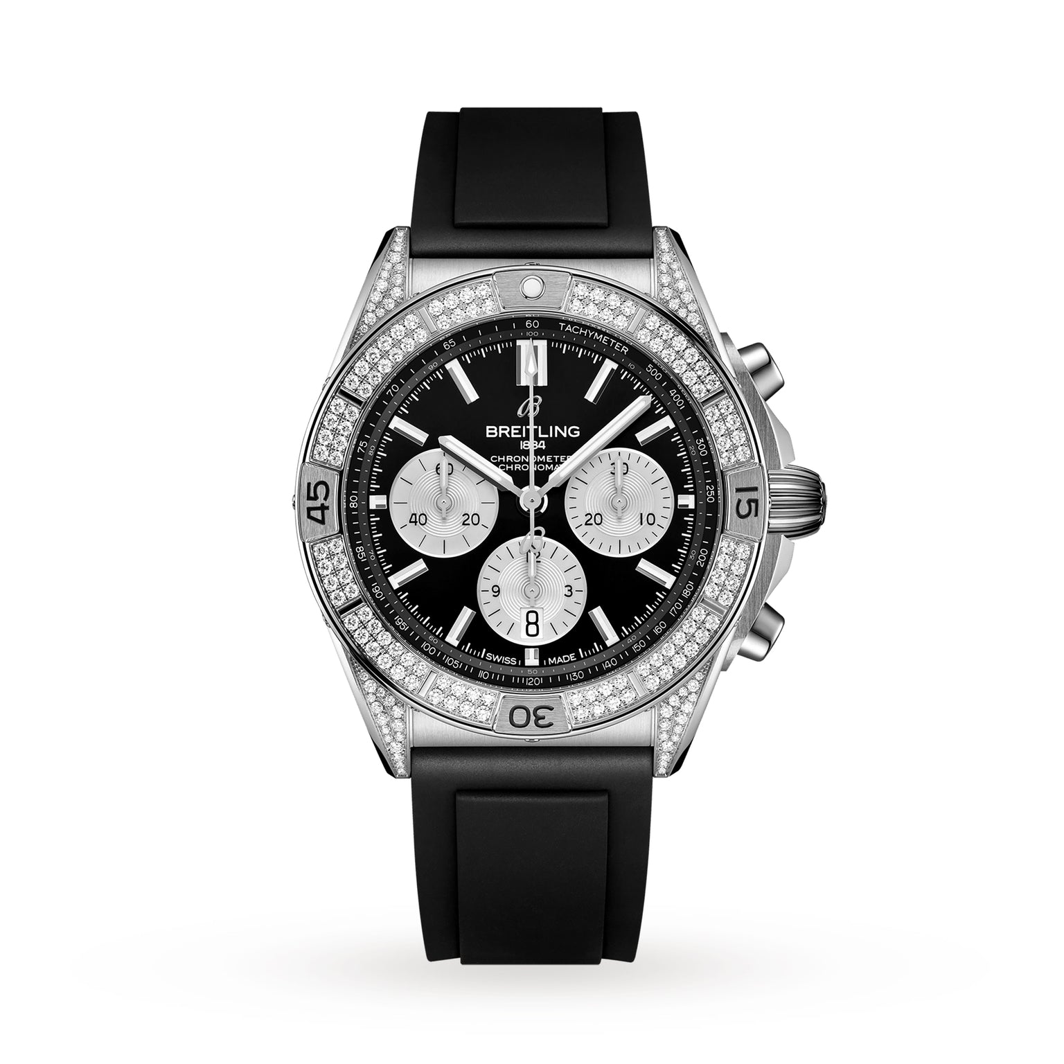 The Breitling Chronomat B01 42 features a black rubber strap, diamond-encrusted bezel, and black dial with three subdials and silver accents, all powered by a COSC-certified chronometer movement.