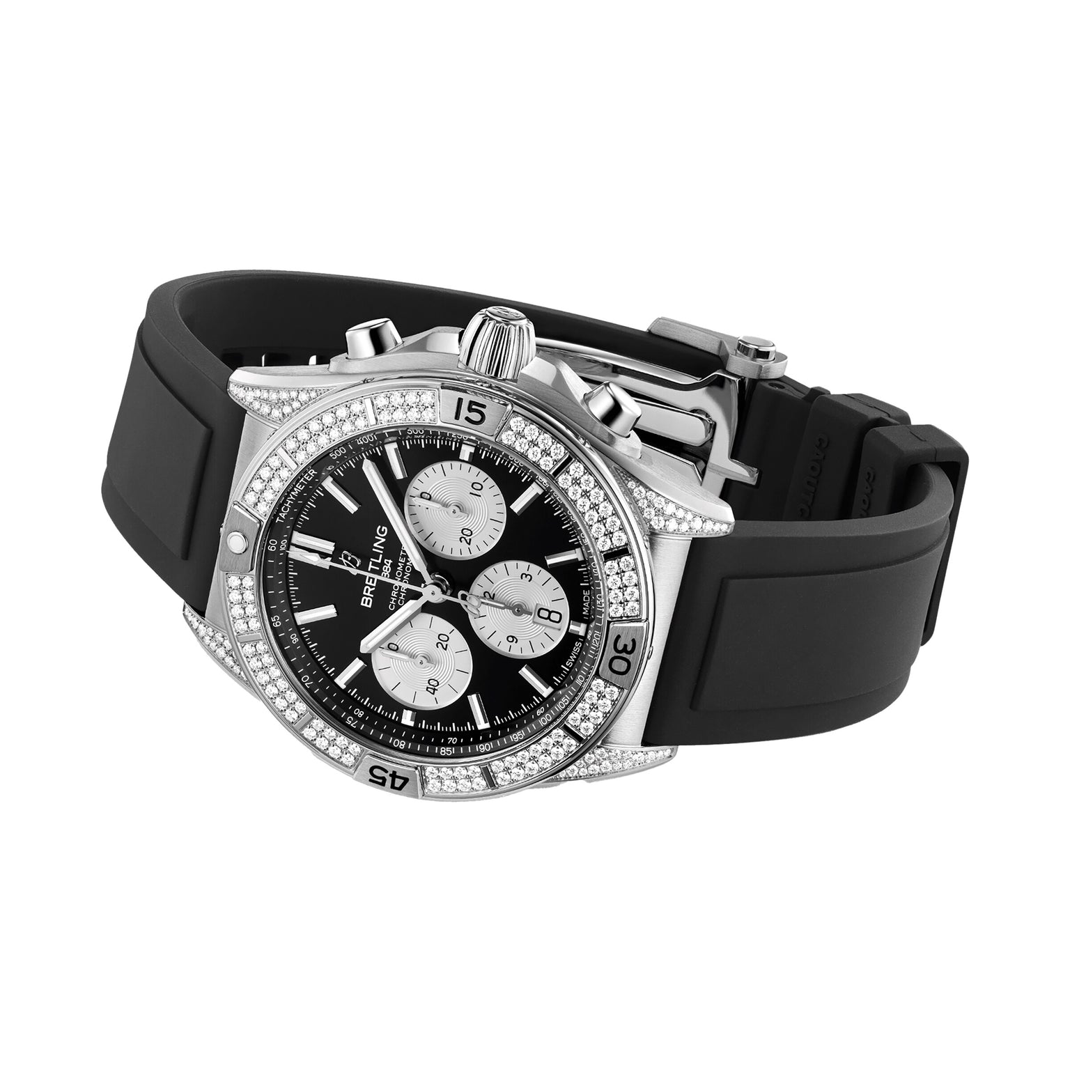 A silver Breitling Chronomat B01 42 chronograph with a diamond-set bezel, black dial with three subdials, black rubber strap, and COSC-certified Breitling 01 calibre, shown at an angle.