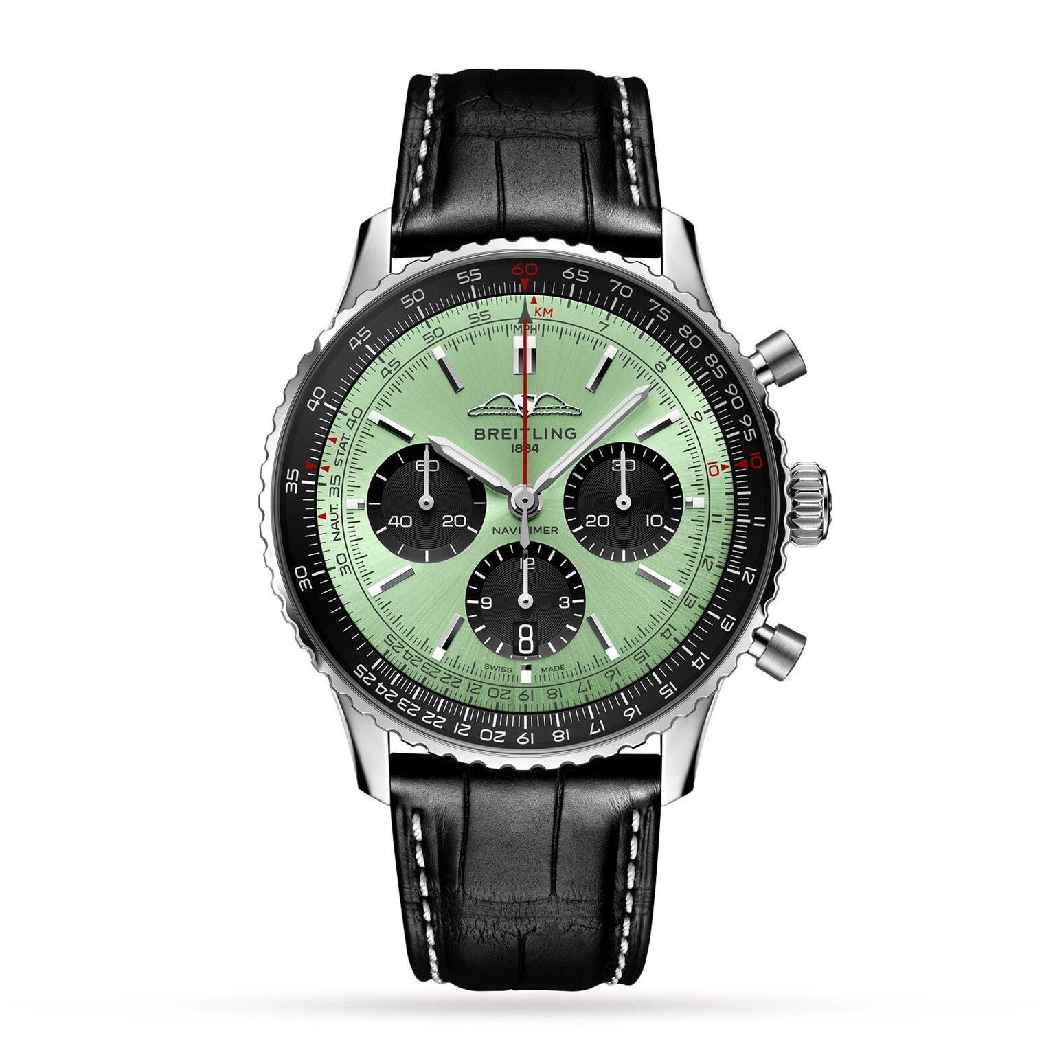 The Breitling Navitimer B01 Chronograph 43 features a mint green dial with three black subdials, chronograph pushers, and a black leather strap with white stitching, powered by the acclaimed Breitling 01 calibre for precision.