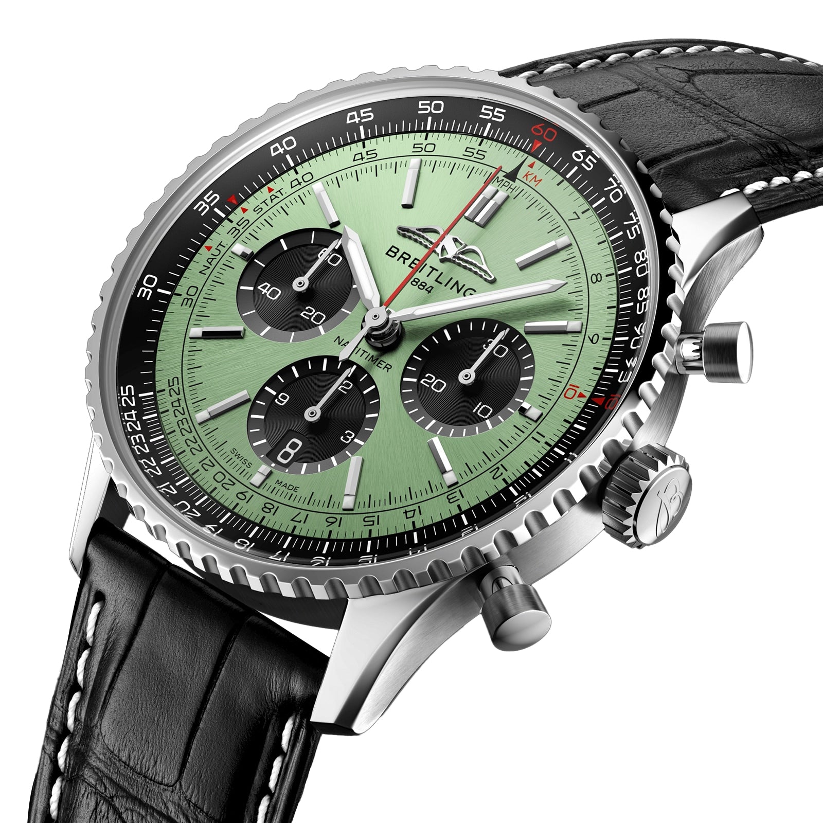 A close-up of the Breitling Navitimer B01 Chronograph 43, featuring a green dial with three black subdials, a black bezel, and a black leather strap with white stitching, powered by the Breitling 01 calibre.