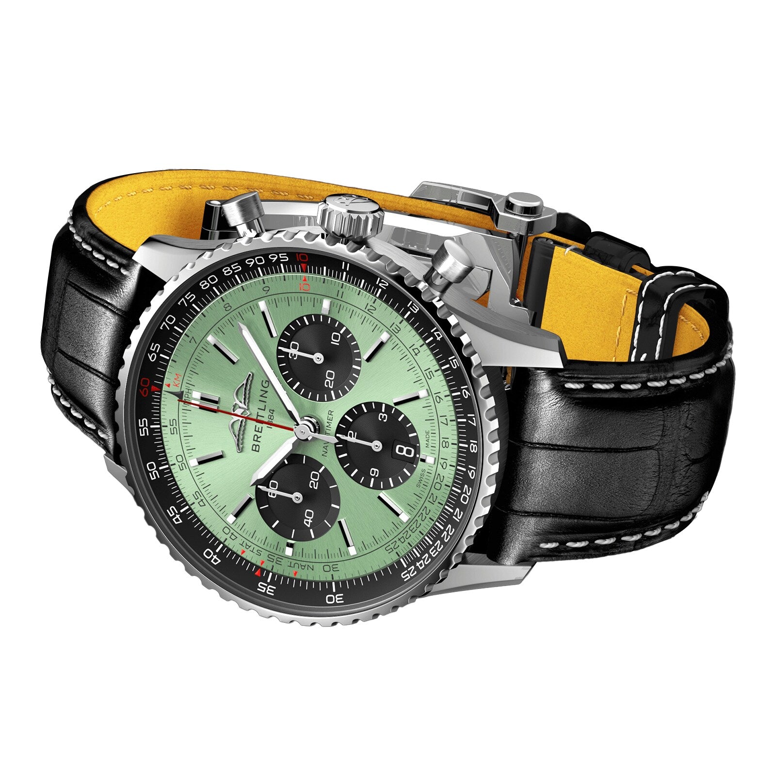 The Breitling Navitimer B01 Chronograph 43 features a green dial with three black subdials, a black bezel, and a black leather strap with white stitching and yellow lining, powered by the Breitling 01 calibre.