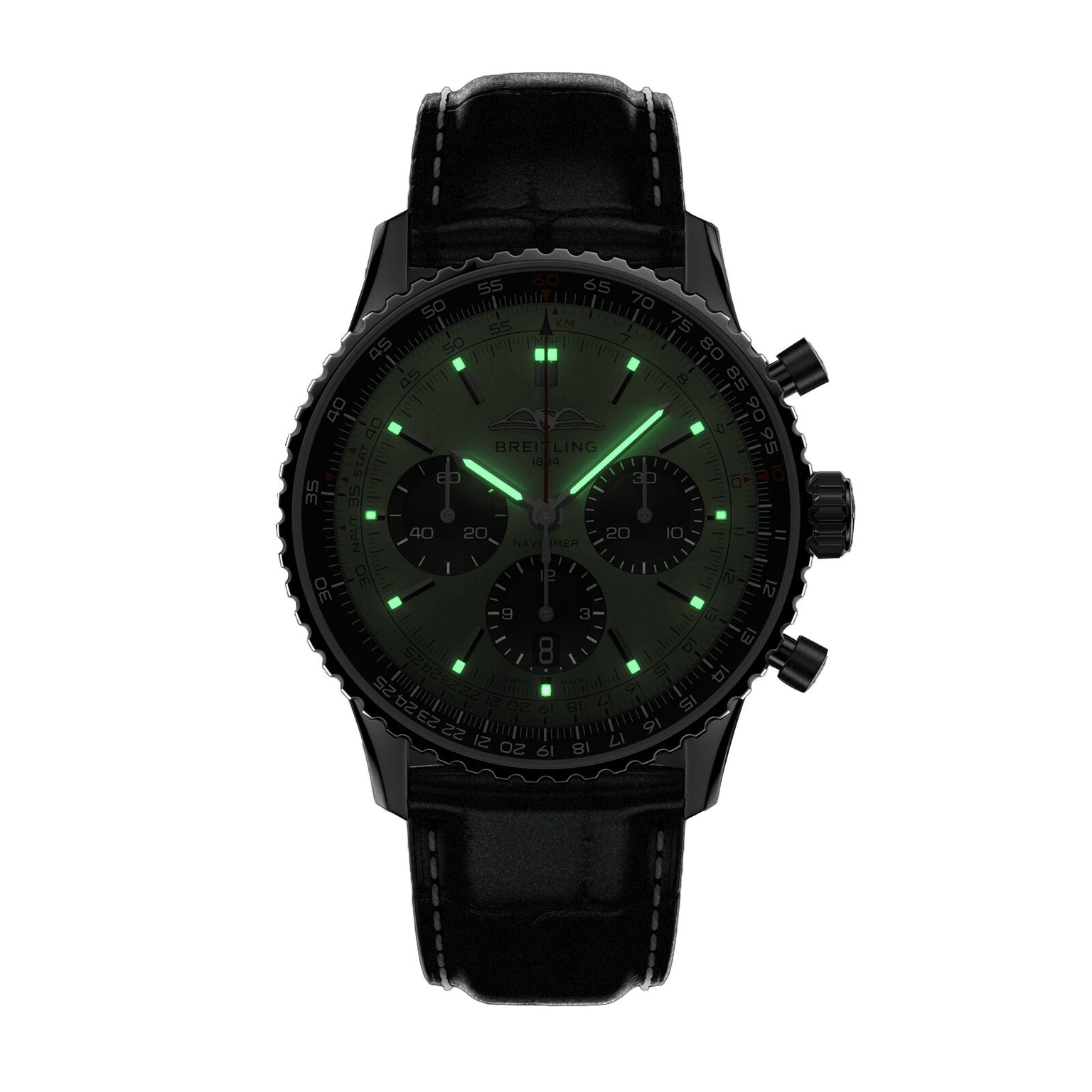 The Breitling Navitimer B01 Chronograph 43 is a black wristwatch featuring glowing green hour markers and hands, paired with a black leather strap.