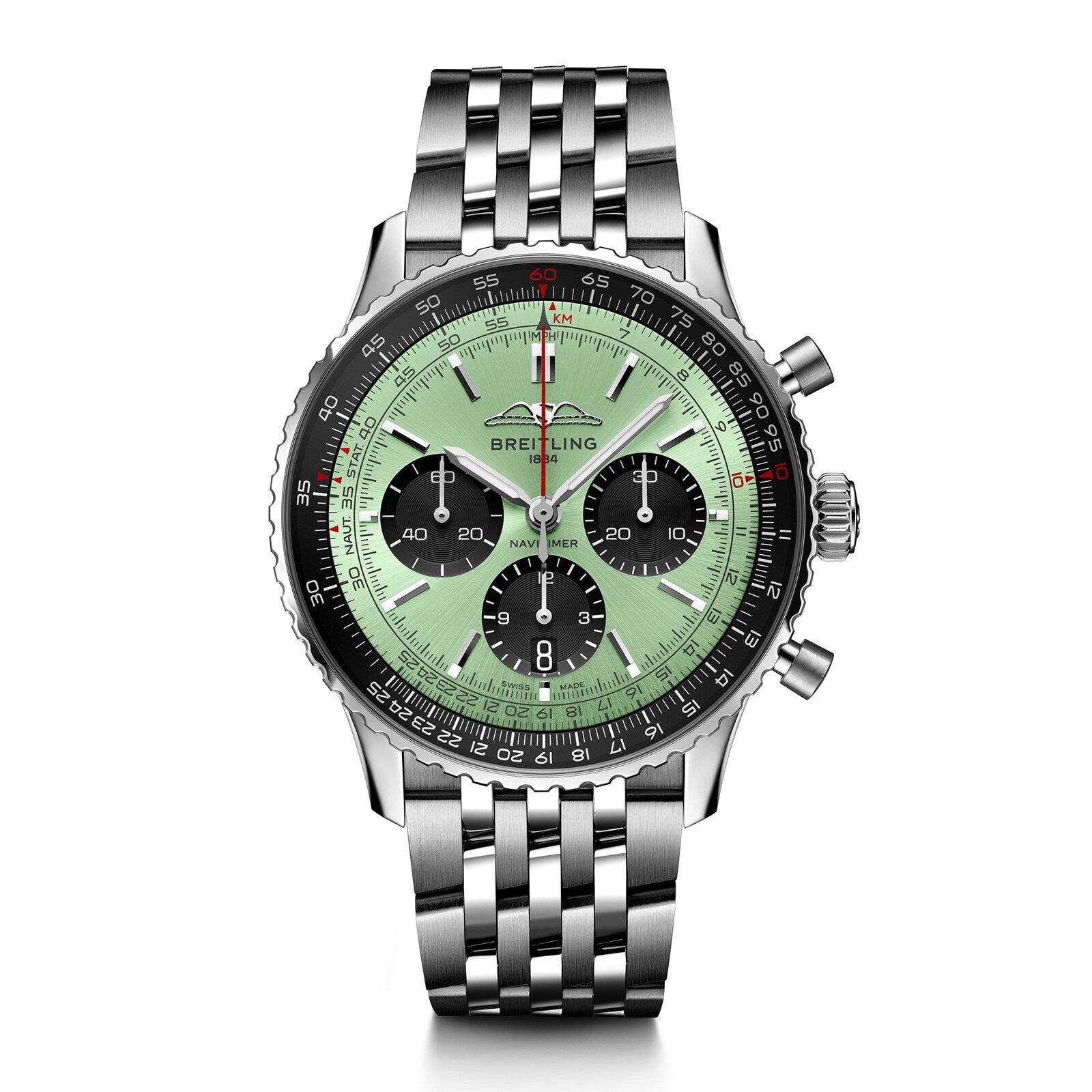 The Breitling Navitimer B01 Chronograph 43 is a stainless steel wristwatch with a green dial, black subdials, and a five-link metal bracelet.