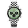 The Breitling Navitimer B01 Chronograph 43 is a stainless steel wristwatch with a green dial, black subdials, and a five-link metal bracelet.
