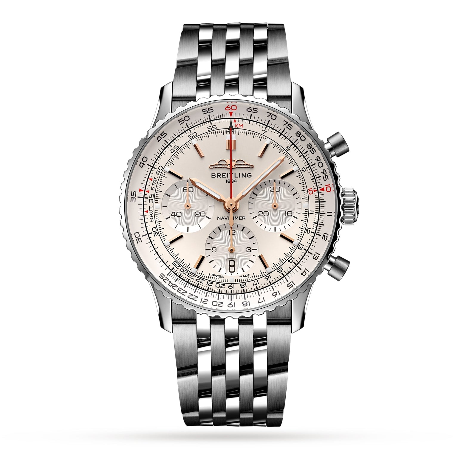 The Breitling Navitimer B01 Chronograph 41 features a stainless steel bracelet and case, three subdials, and a white dial.