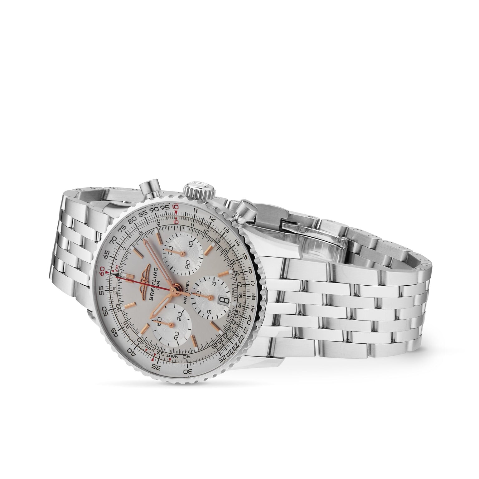 The Breitling Navitimer B01 Chronograph 41 is a silver stainless steel aviator’s watch featuring a white dial, multiple subdials, and a linked bracelet band.