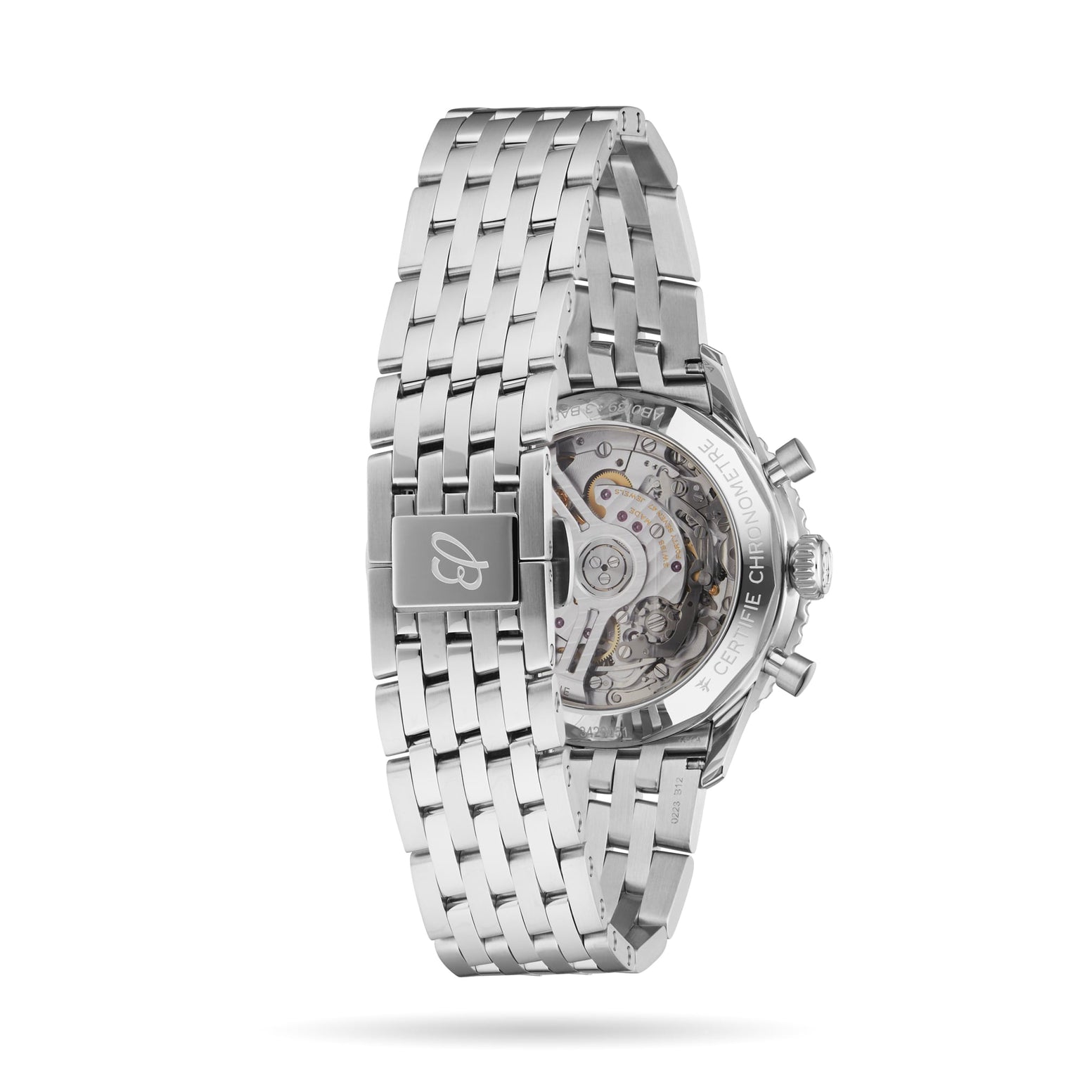 The Breitling Navitimer B01 Chronograph 41 features a stainless steel case, visible automatic movement through a transparent case back, engraved clasp, and a multi-link bracelet inspired by the classic Navitimer design.