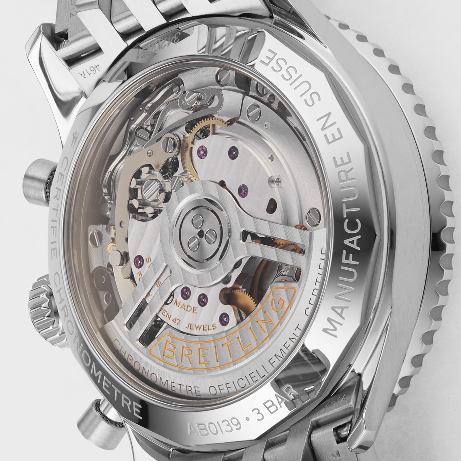 Close-up of the back of the Breitling Navitimer B01 Chronograph 41, revealing its intricate mechanical movement and engraved details that characterize this renowned aviator’s watch.