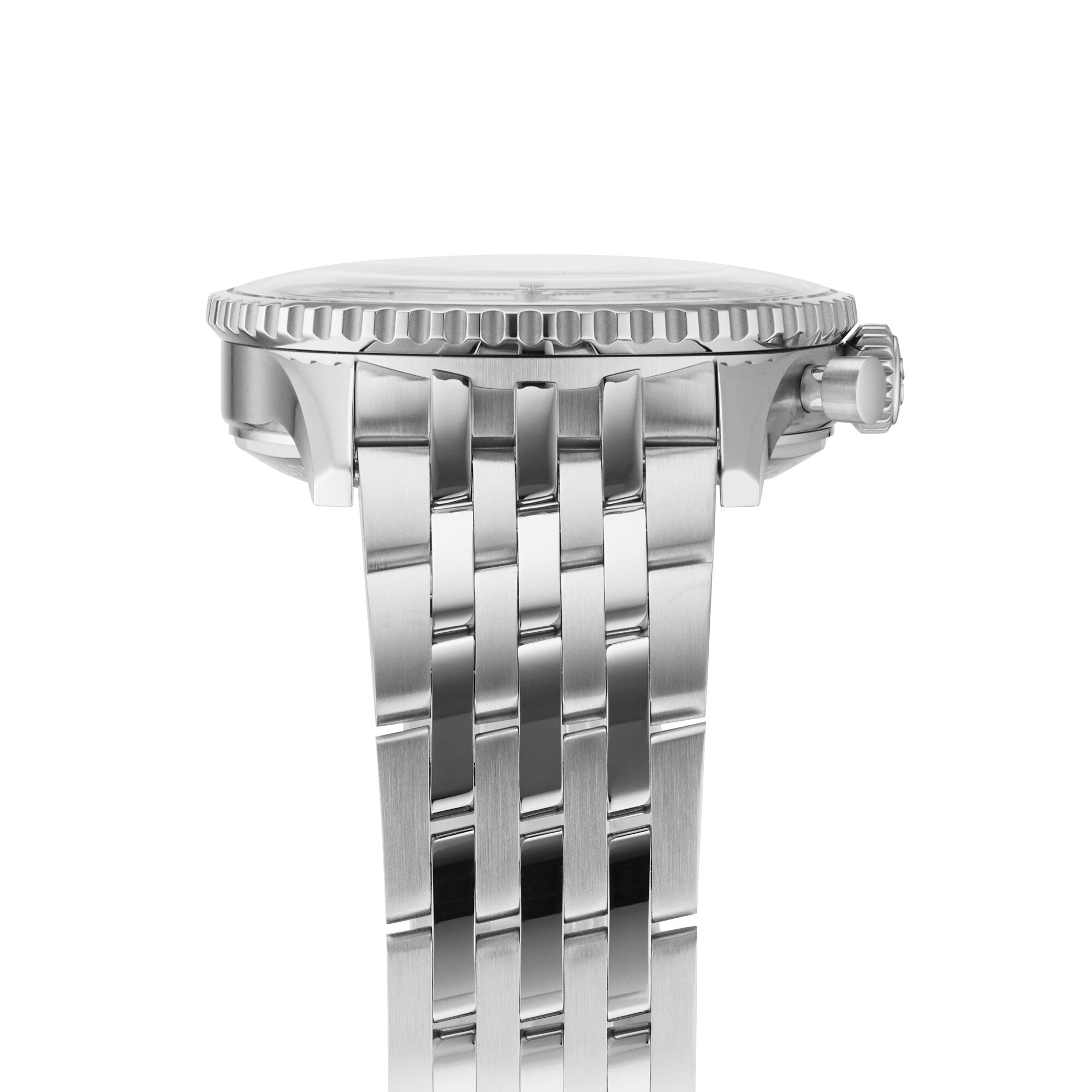 Side view of a Breitling Navitimer B01 Chronograph 41 with a stainless steel bracelet, crown, and ridged bezel visible against a white background.